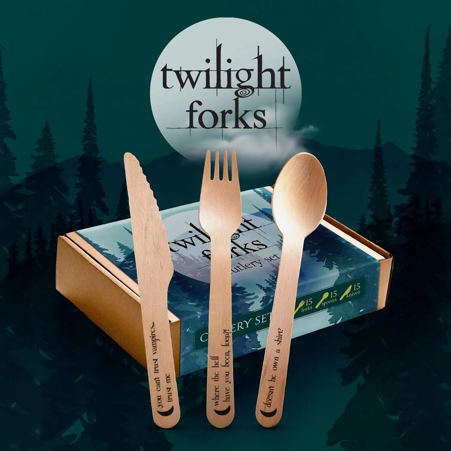 Twilight Forks Disposable Cutlery Set with Iconic Saga Quotes | 45pcs Twilight-Themed Birthday Party Supplies, Decorations, Favors | 15x Forks, Spoons, Knives