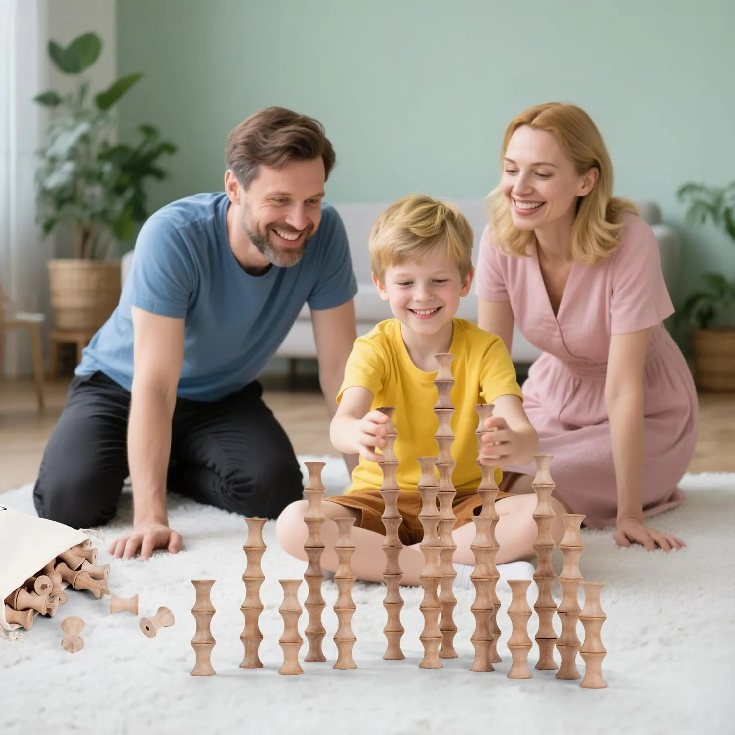 TZJ102, Wooden Building Blocks for Kids, 120Pcs WAVING Stacking Toys, Durable & Safe Wood, STEM Learning Toys with Canvas Bag & Parent-Child Cards, Ideal for Home, School, Travel & Outdoor Fun