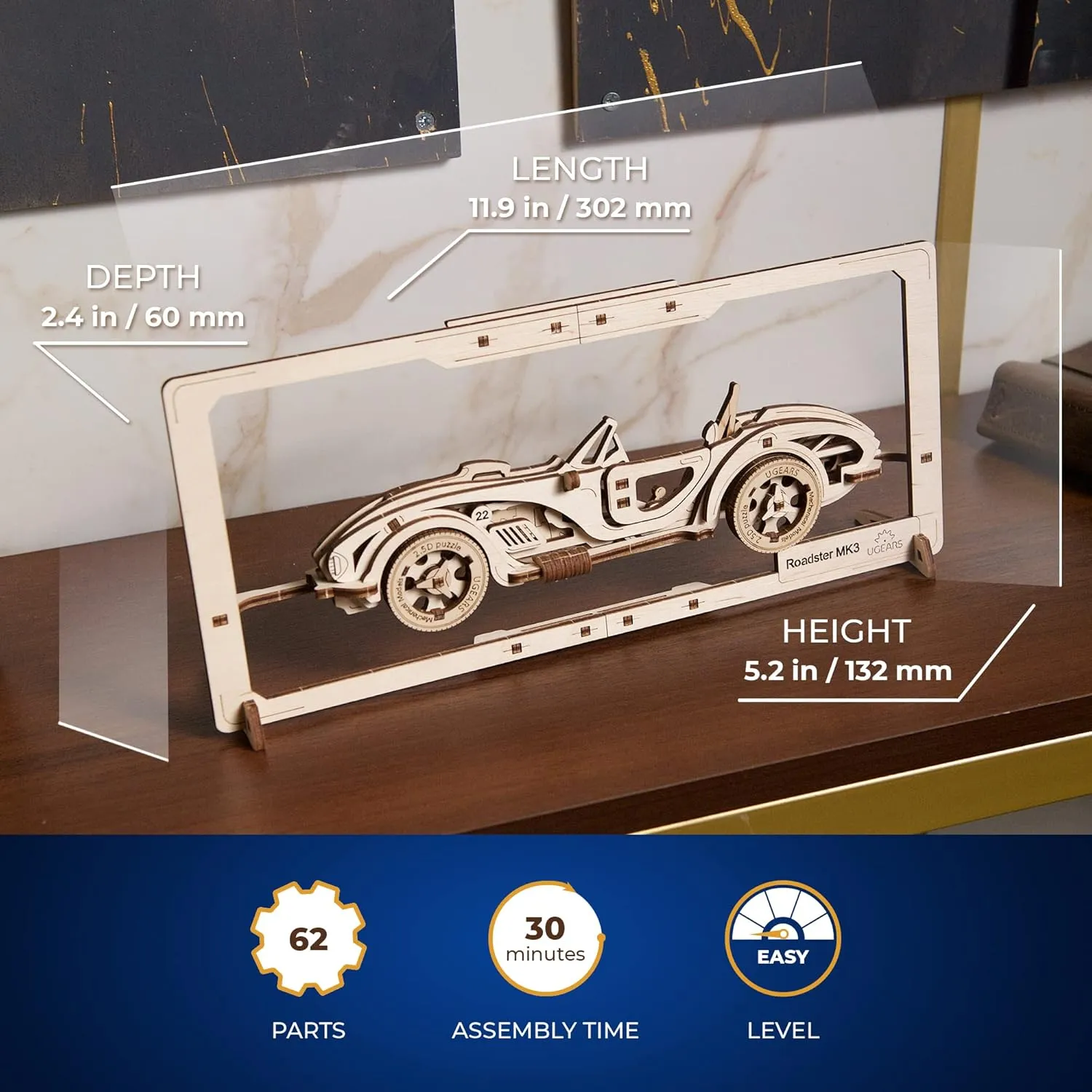 UGEARS Roadster Models Kits to Build - Innovative 2.5D Puzzles Roadster Model Car Kits to Build for Adults - Classic Muscle Car Wooden Puzzles - Car Wood Model Kit Frame with Movable Parts