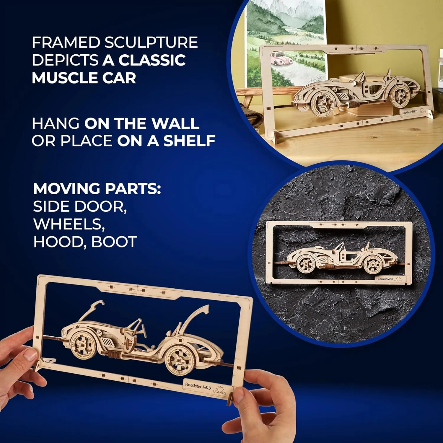 UGEARS Roadster Models Kits to Build - Innovative 2.5D Puzzles Roadster Model Car Kits to Build for Adults - Classic Muscle Car Wooden Puzzles - Car Wood Model Kit Frame with Movable Parts