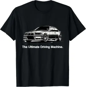 Ultimate Driving Machine Vintage Euro E36 T-Shirt - Black, Small, Unisex-Adult, Short Sleeve, Car Print, Polyester 100%