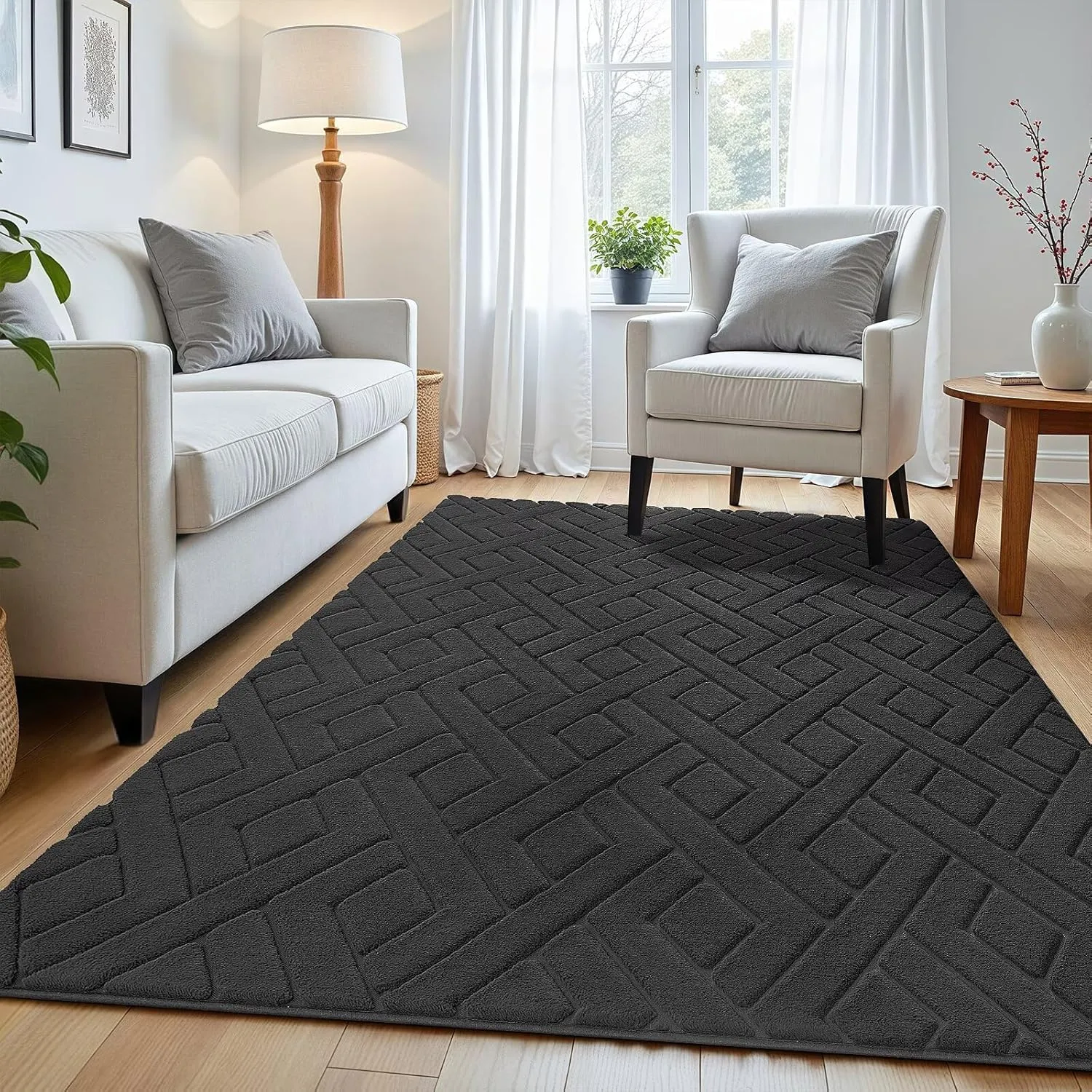 Ultra Soft Dark Grey Area Rug for Bedroom, 3x5 Modern Geometric Shag Rugs with Nonslip Backing for Living Room, Washable Fuzzy Carpet for Cozy Kids Room Nursery