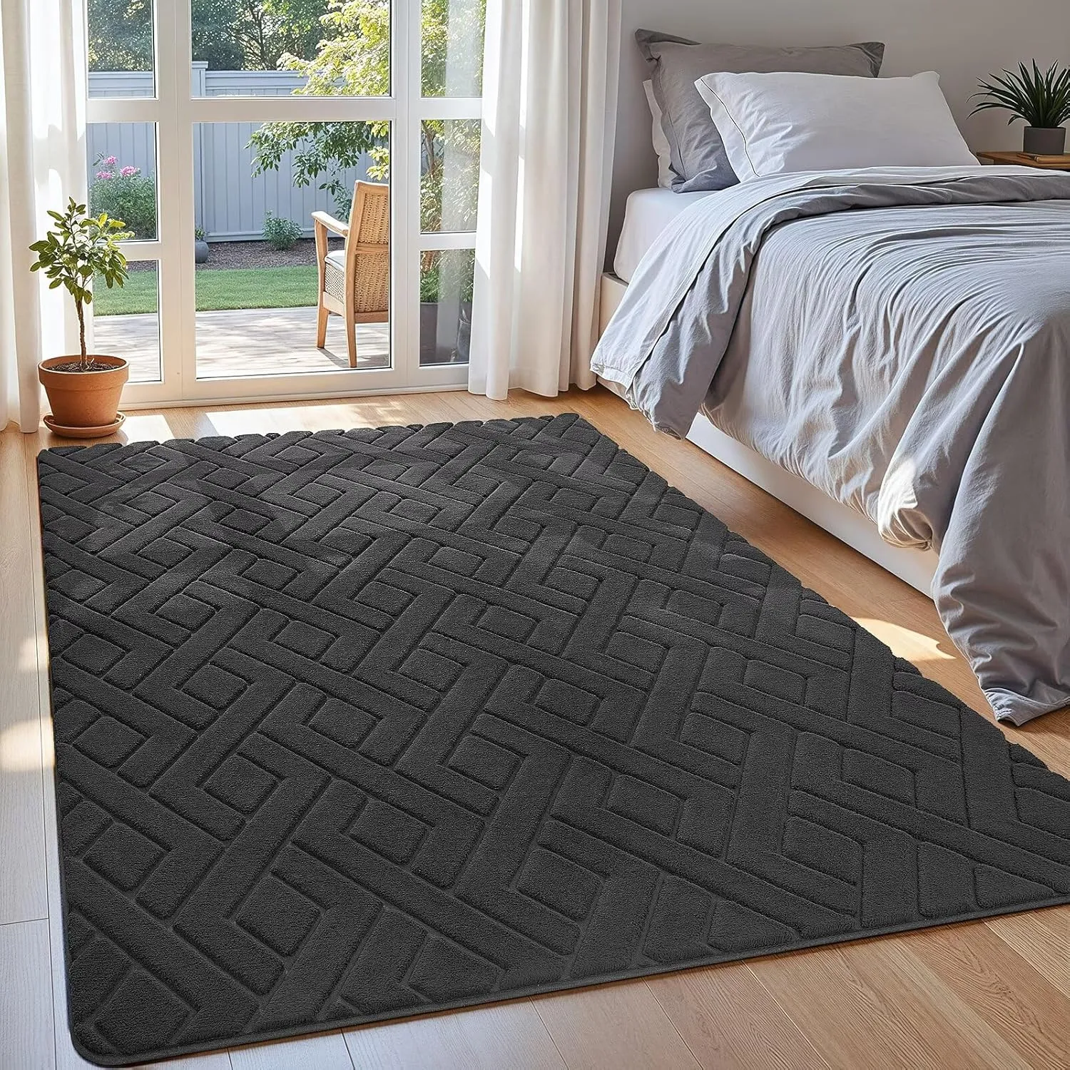 Ultra Soft Dark Grey Area Rug for Bedroom, 3x5 Modern Geometric Shag Rugs with Nonslip Backing for Living Room, Washable Fuzzy Carpet for Cozy Kids Room Nursery