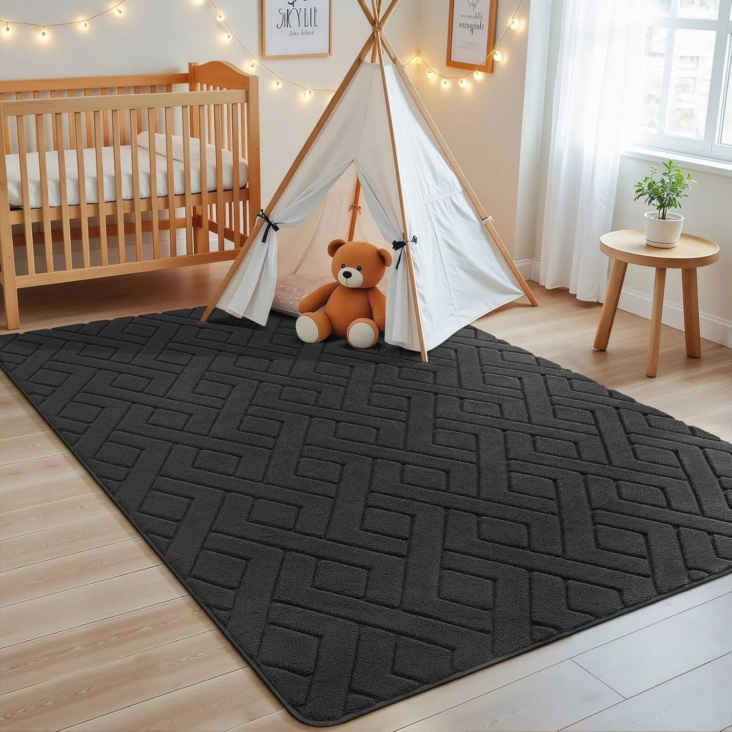 Ultra Soft Dark Grey Area Rug for Bedroom, 3x5 Modern Geometric Shag Rugs with Nonslip Backing for Living Room, Washable Fuzzy Carpet for Cozy Kids Room Nursery