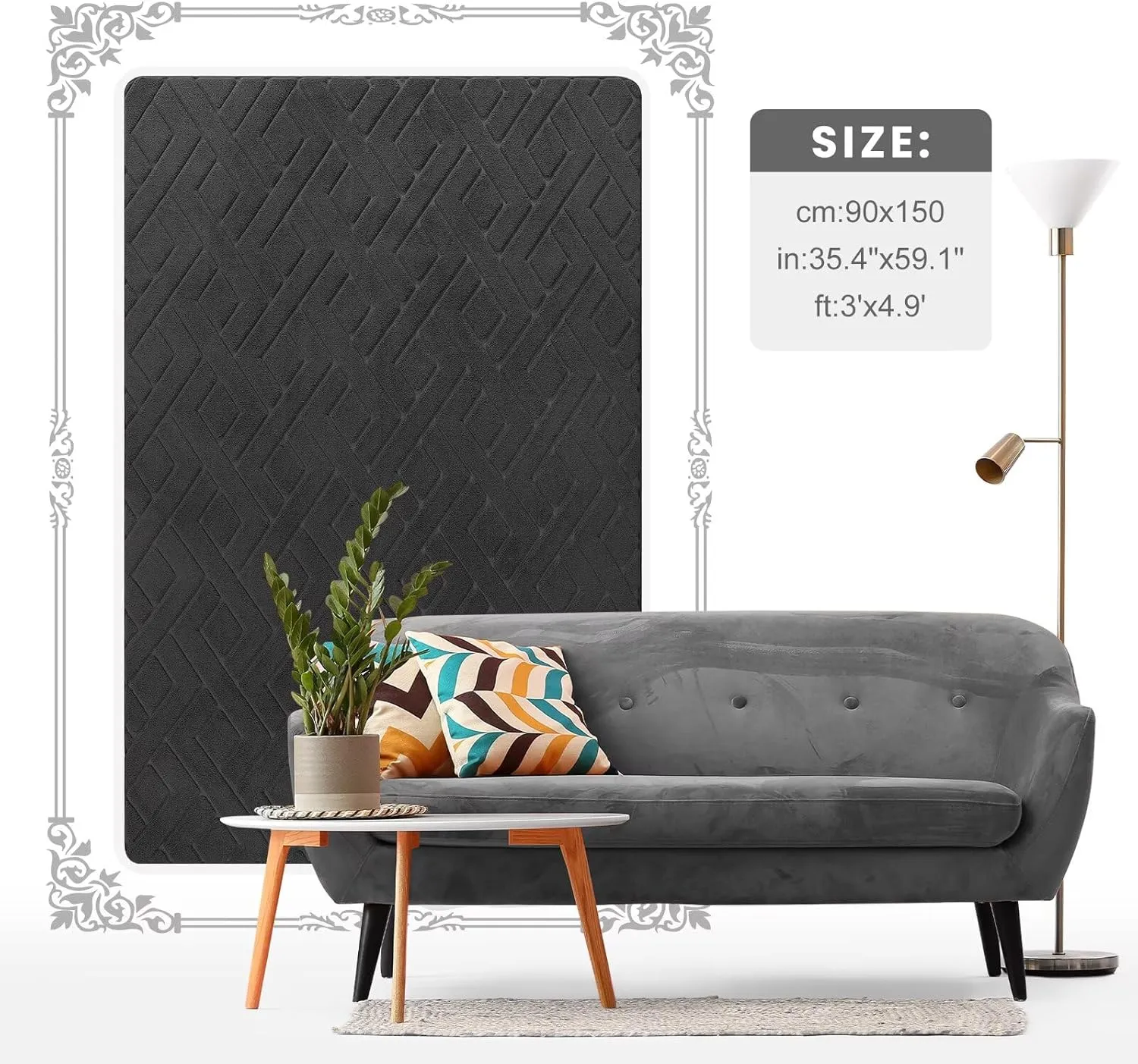 Ultra Soft Dark Grey Area Rug for Bedroom, 3x5 Modern Geometric Shag Rugs with Nonslip Backing for Living Room, Washable Fuzzy Carpet for Cozy Kids Room Nursery