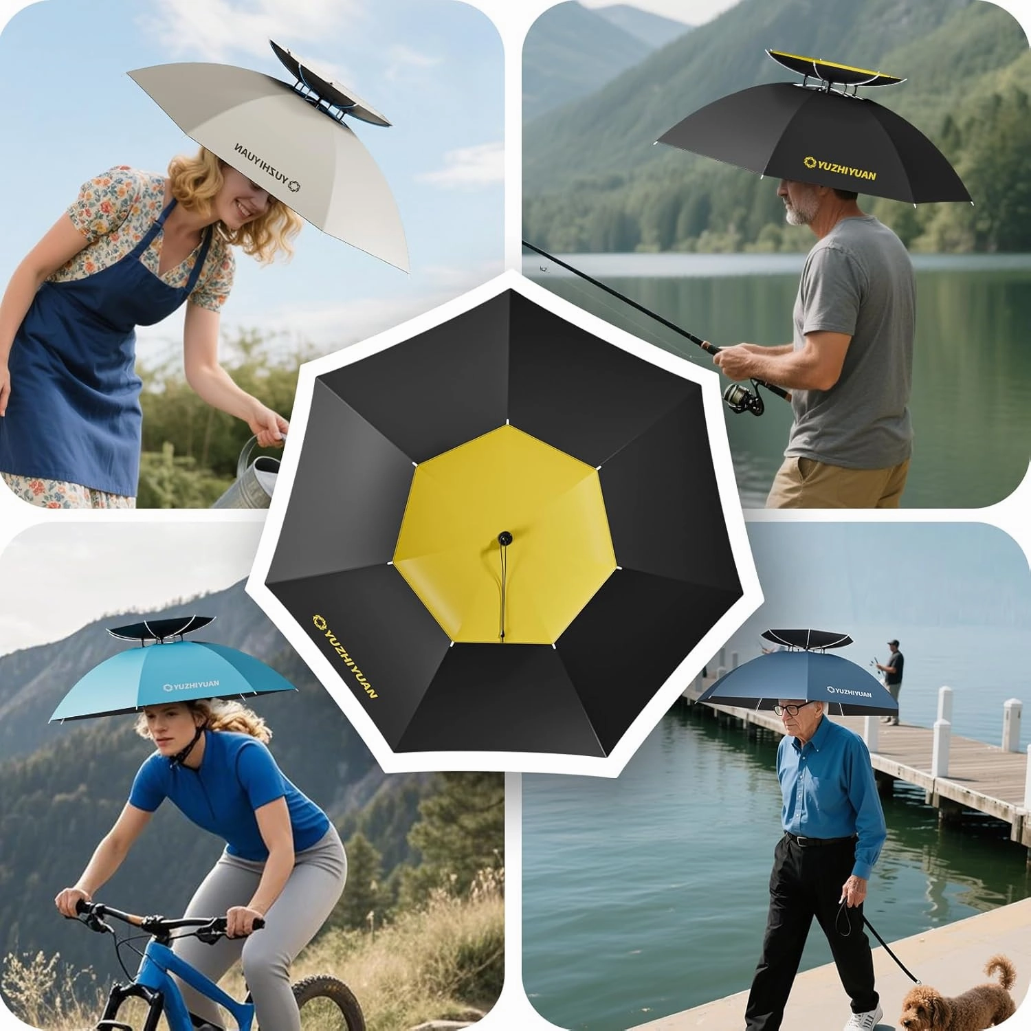 Umbrella Hat, 30.7/35.4/42.9 inch Umbrella Hats for Adults, Professional Black Coating Provides UPF 50  UV Protection, Silicone Headband and Chin Strap for Fishing, Camping, Gardening Shade and more.