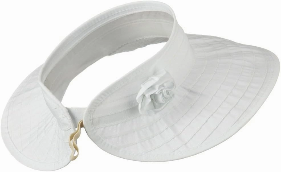 UPF 40  Ribbon Flower Sewn Braid Roll Up Visor - White