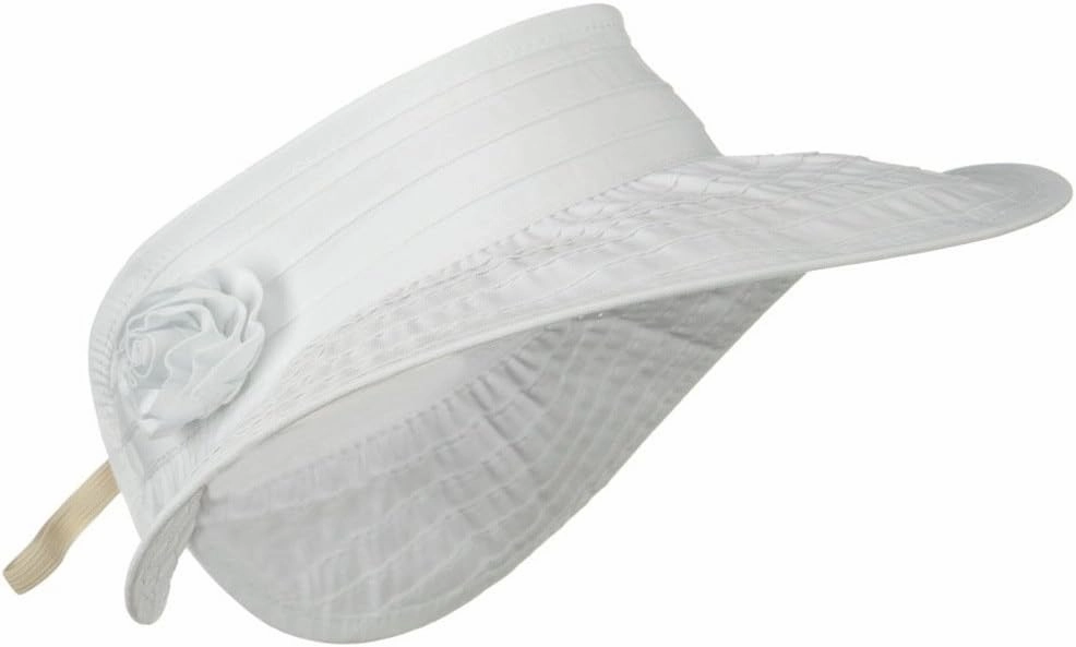 UPF 40  Ribbon Flower Sewn Braid Roll Up Visor - White
