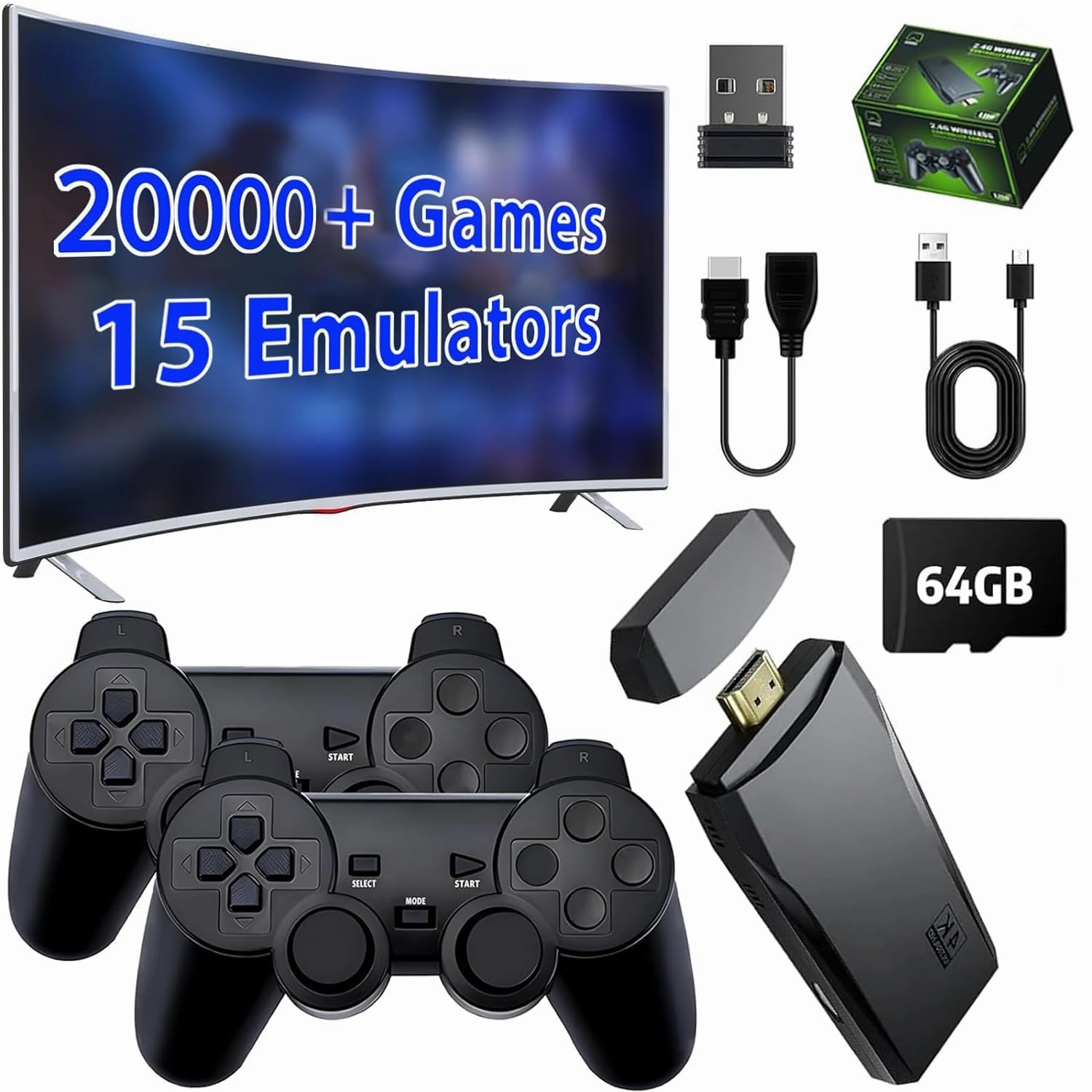 Upgrade Wireless Retro Game Console Stick, ZeroStory Retro Video Game Console Stick Built in 20000  Games with 15 Emulators, 4K HDMI Output with 2 2.4G Wireless Controllers (64GB Memory Card)