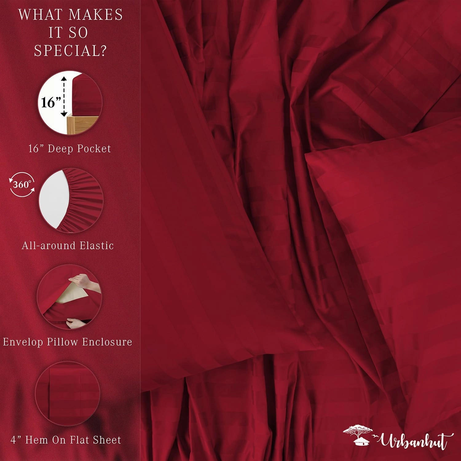 URBANHUT 1000 Thread Count Damask California King Bed Sheets Egyptian Cotton Sheet Set, Long Staple Soft & Breathable, 4 Pc Bed Sheet Sets, Luxury Hotel Sateen Sheets Fits 16" Deep Pocket - Burgundy