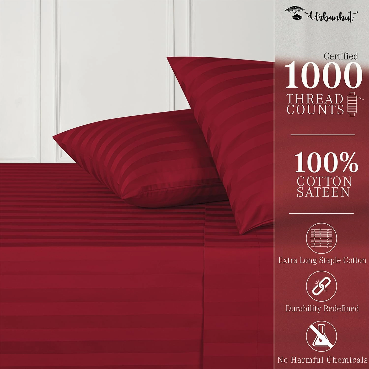 URBANHUT 1000 Thread Count Damask California King Bed Sheets Egyptian Cotton Sheet Set, Long Staple Soft & Breathable, 4 Pc Bed Sheet Sets, Luxury Hotel Sateen Sheets Fits 16" Deep Pocket - Burgundy