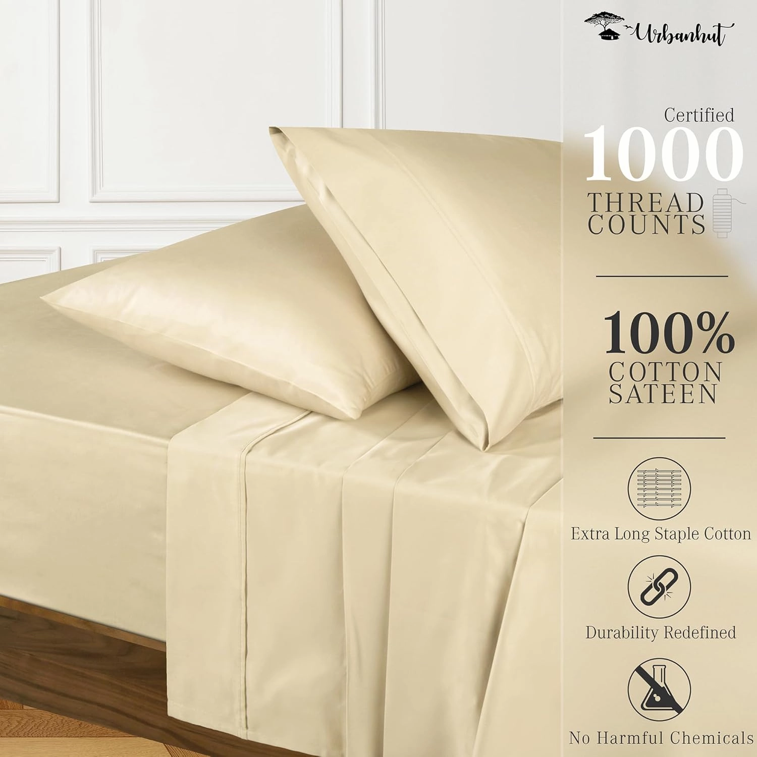 URBANHUT 1000 Thread Count King Size Egyptian Cotton Sheets, Long Staple Soft & Breathable for King Size Bedding, 4 Pc Bed Sheet Sets, Luxury Hotel Sateen Sheets Fits 16" Deep Pocket - Sand
