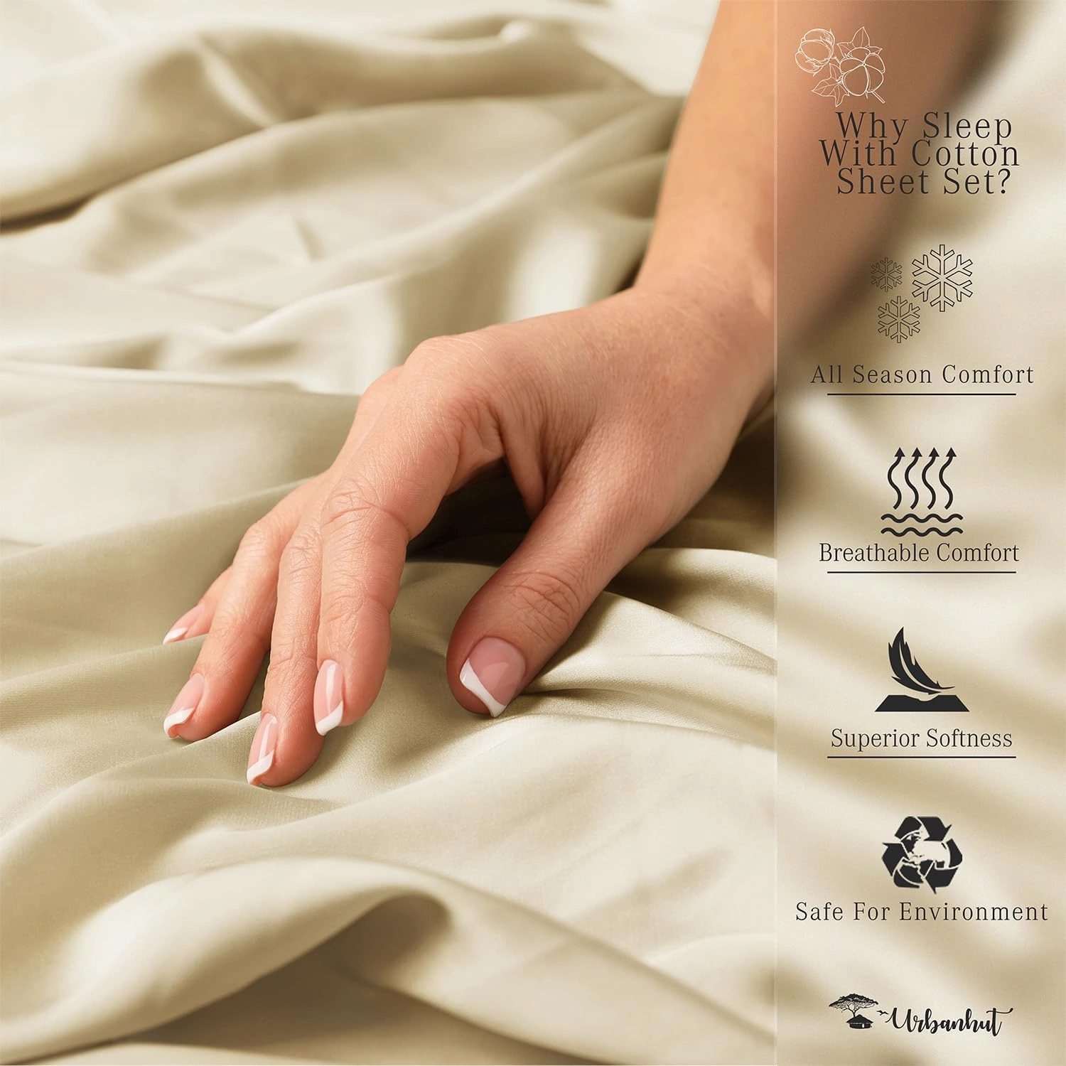 URBANHUT 1000 Thread Count King Size Egyptian Cotton Sheets, Long Staple Soft & Breathable for King Size Bedding, 4 Pc Bed Sheet Sets, Luxury Hotel Sateen Sheets Fits 16" Deep Pocket - Sand