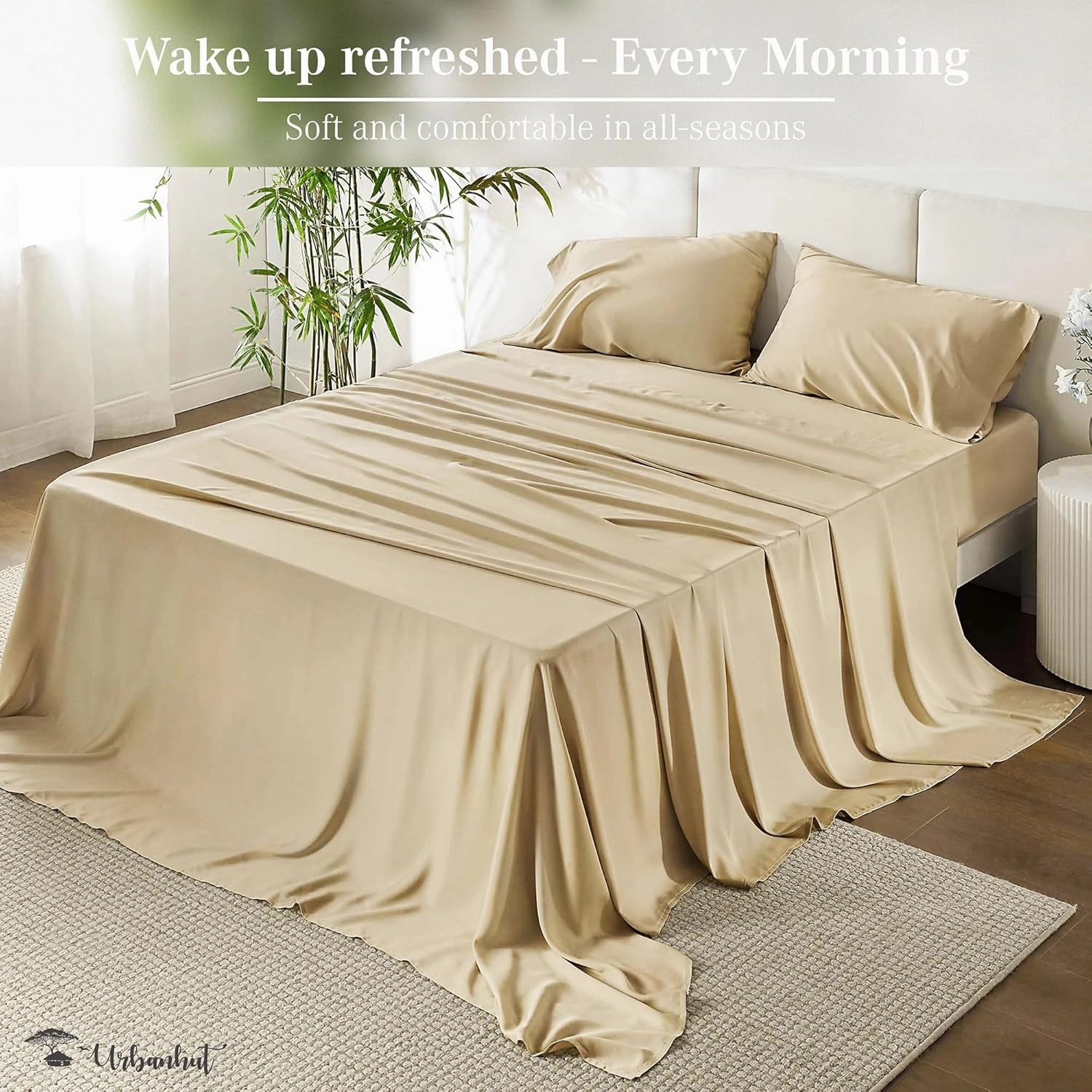 URBANHUT 1000 Thread Count King Size Egyptian Cotton Sheets, Long Staple Soft & Breathable for King Size Bedding, 4 Pc Bed Sheet Sets, Luxury Hotel Sateen Sheets Fits 16" Deep Pocket - Sand