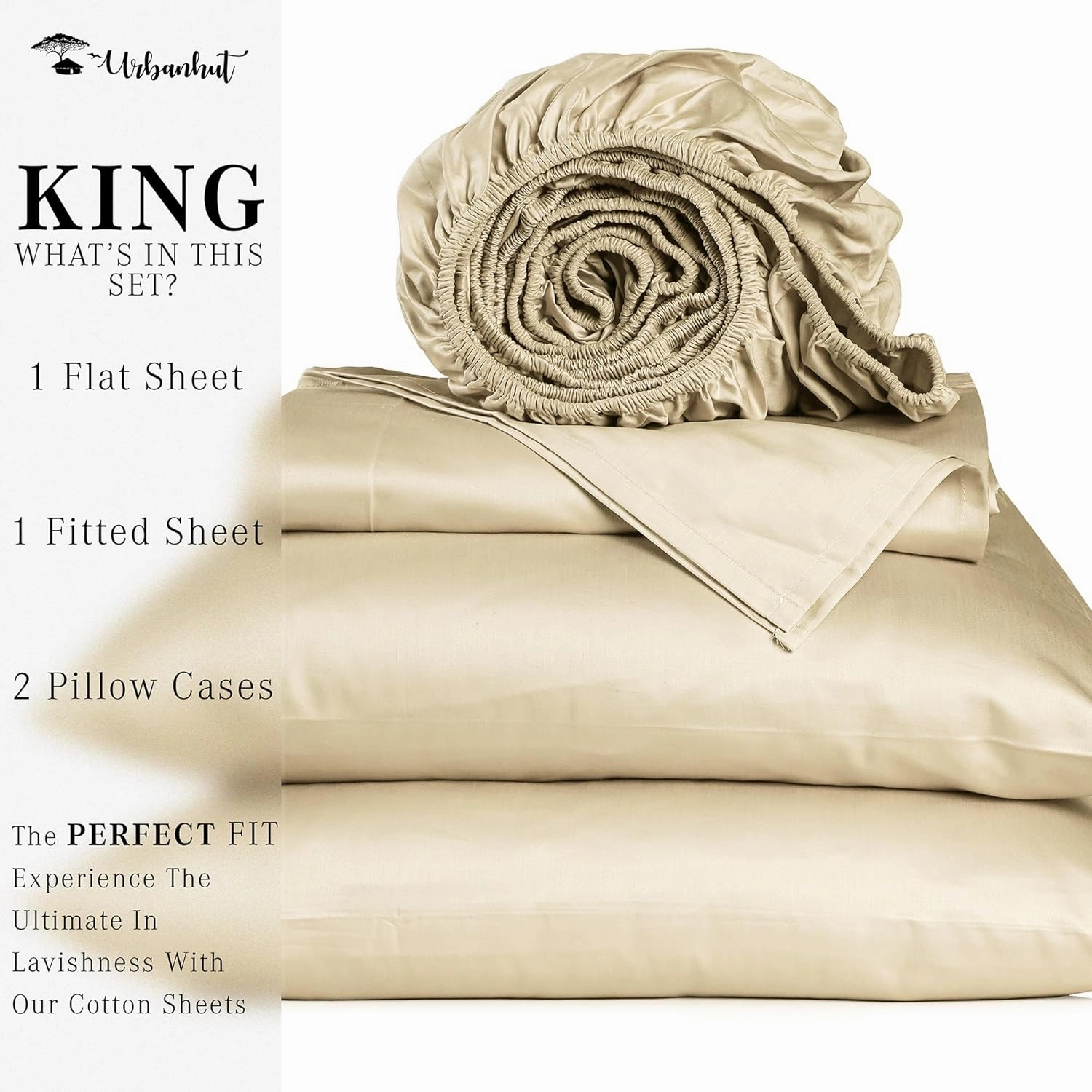 URBANHUT 1000 Thread Count King Size Egyptian Cotton Sheets, Long Staple Soft & Breathable for King Size Bedding, 4 Pc Bed Sheet Sets, Luxury Hotel Sateen Sheets Fits 16" Deep Pocket - Sand