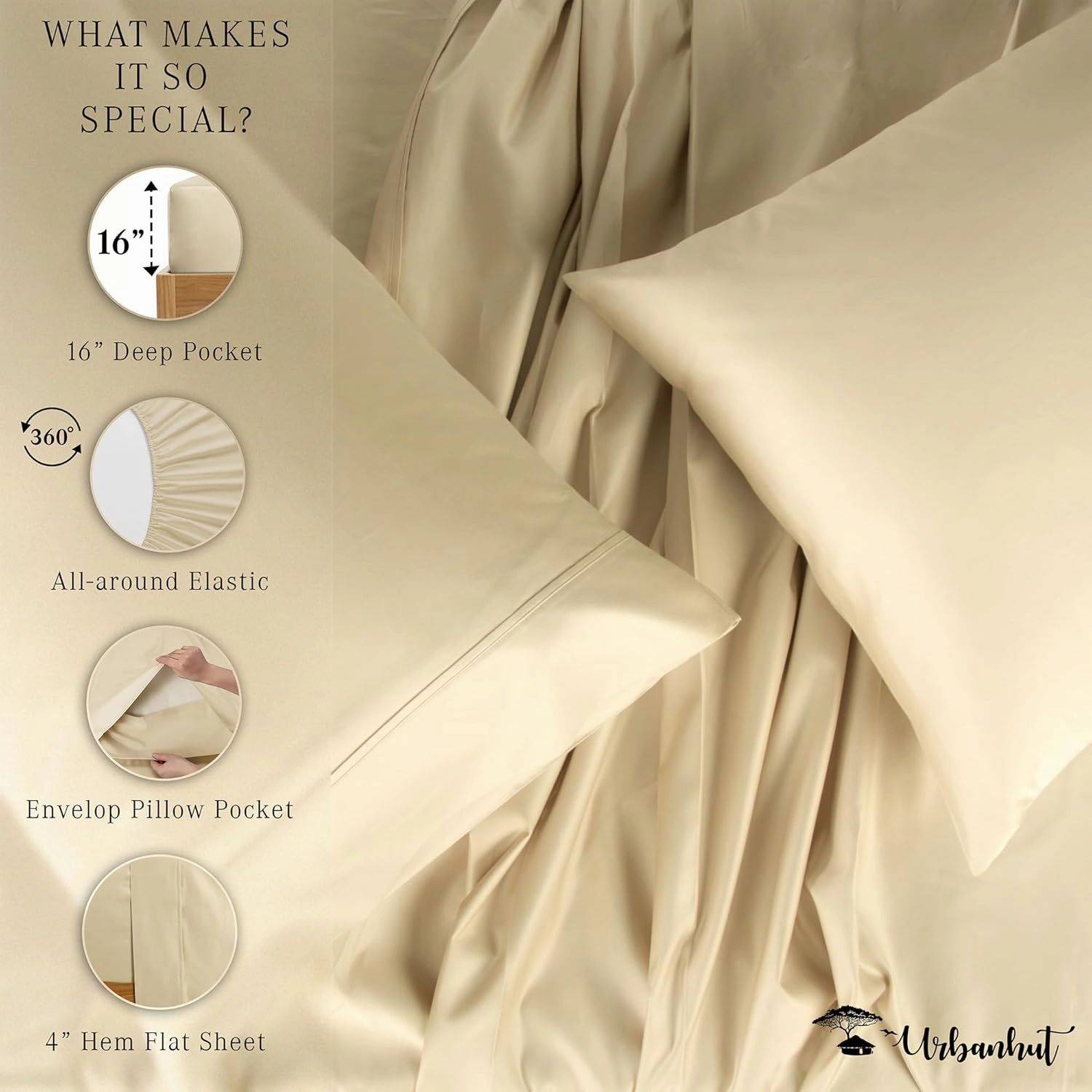 URBANHUT 1000 Thread Count King Size Egyptian Cotton Sheets, Long Staple Soft & Breathable for King Size Bedding, 4 Pc Bed Sheet Sets, Luxury Hotel Sateen Sheets Fits 16" Deep Pocket - Sand