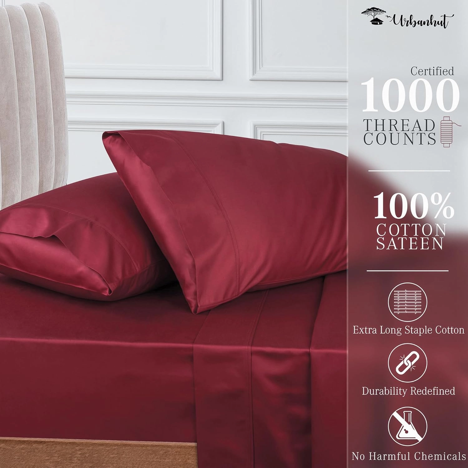 URBANHUT 1000 Thread Count Queen Bed Sheets Egyptian Cotton Sheet Set, Long Staple Soft & Breathable, 4 Pc Bed Sheet Sets, Luxury Hotel Sateen Sheets Fits 16" Deep Pocket - Burgundy