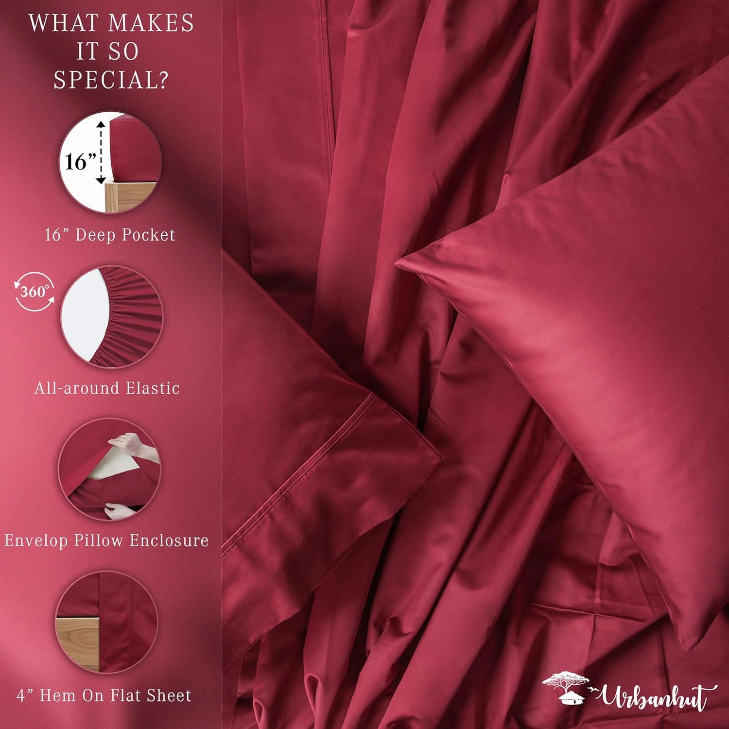 URBANHUT 1000 Thread Count Queen Bed Sheets Egyptian Cotton Sheet Set, Long Staple Soft & Breathable, 4 Pc Bed Sheet Sets, Luxury Hotel Sateen Sheets Fits 16" Deep Pocket - Burgundy