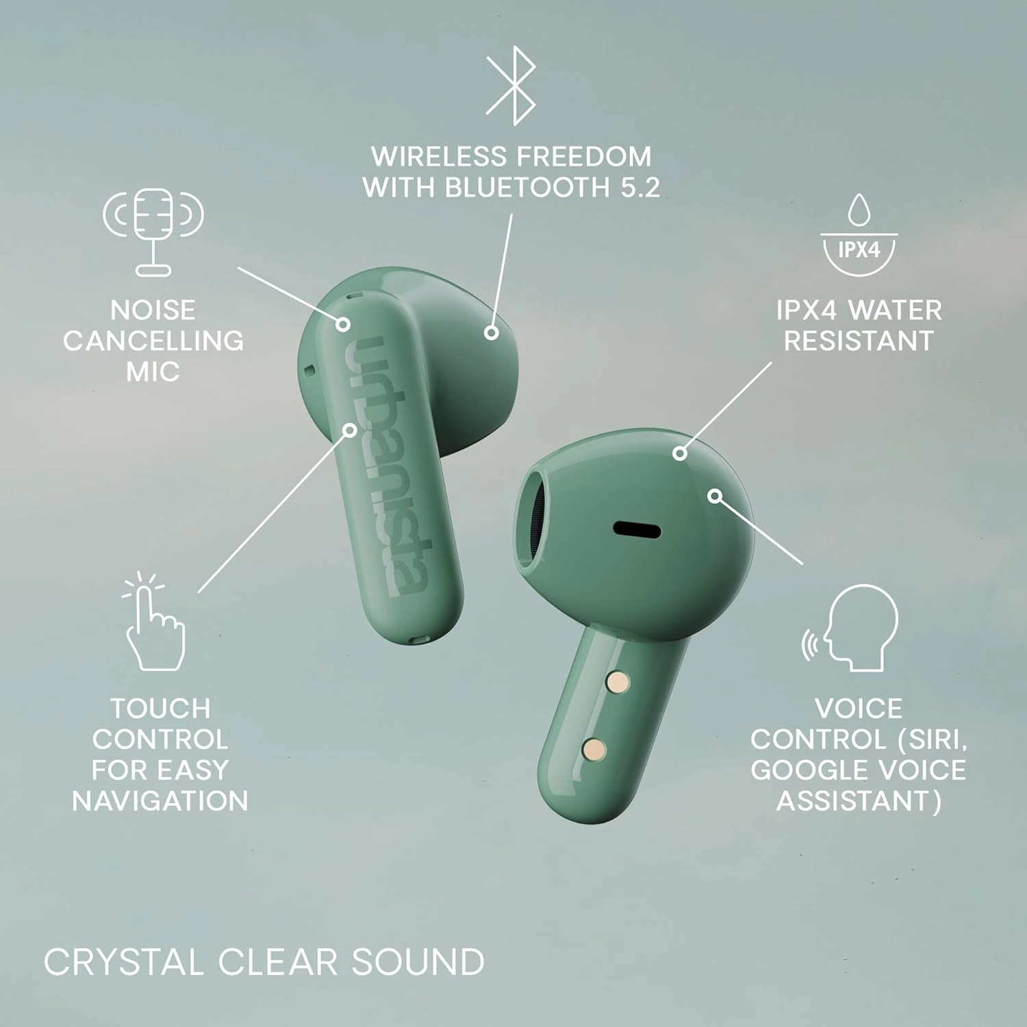 Urbanista True Wireless Earbuds, Bluetooth 5.2 Earphones with Touch Controls & Noise Cancelling Microphone, 32 Hr Total Playtime, USB C Charging Case, IPX4 Water Resistant, Copenhagen, Sage Green