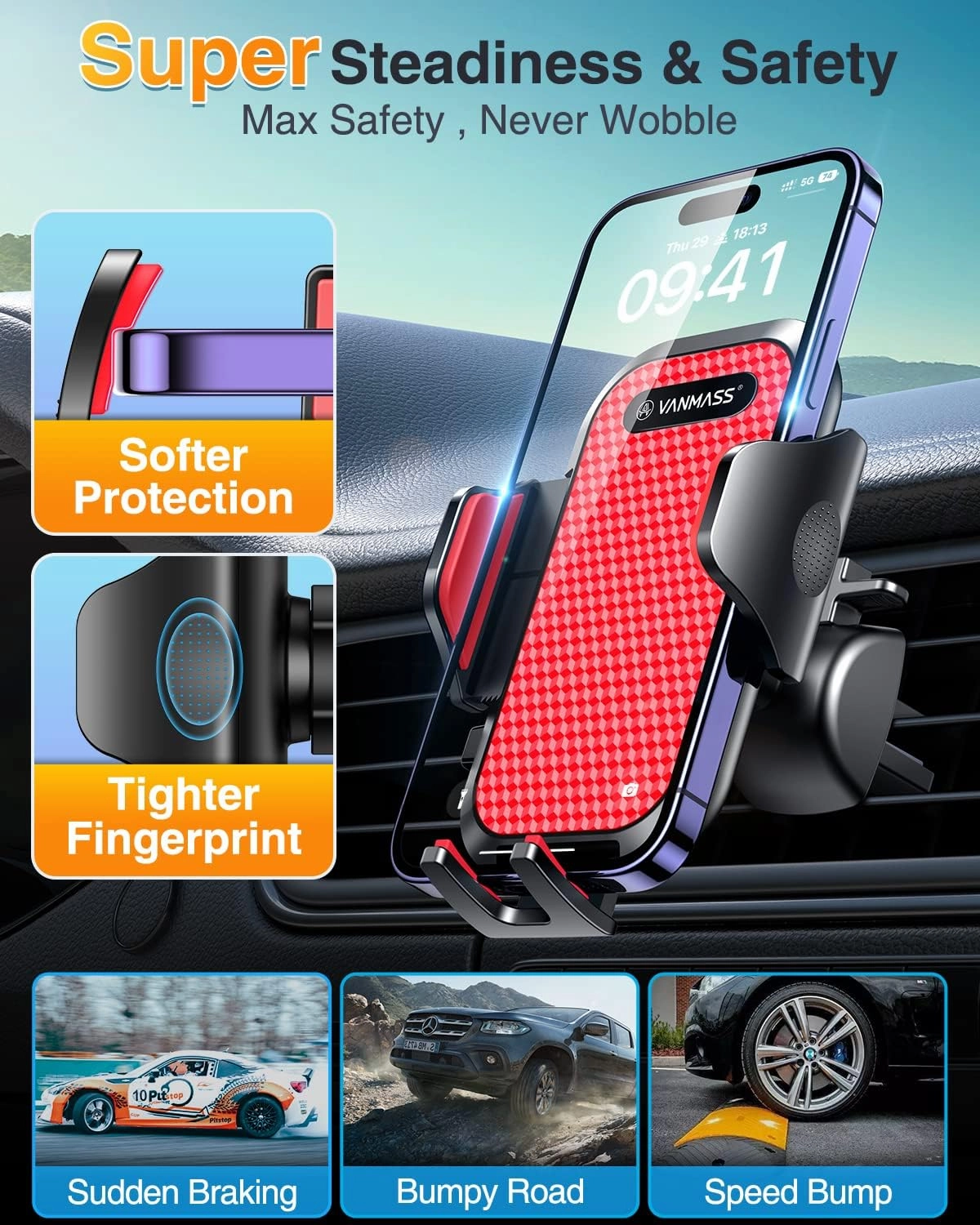 VANMASS [Pro Version] Universal Car Phone Mount [Super Suction Cup] Dashboard Phone Holder, Handsfree Windshield Dash Vent Phone Holder Car, Compatible for iPhone 16 15 14 13 Samsung LG & Truck,Red