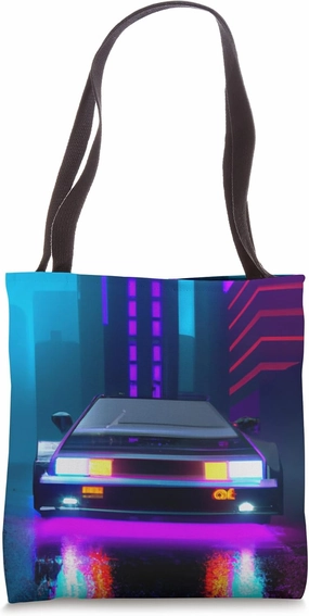 Vaporwave Aesthetic Sports Car Rainy Night Skyscrapers Tote Bag