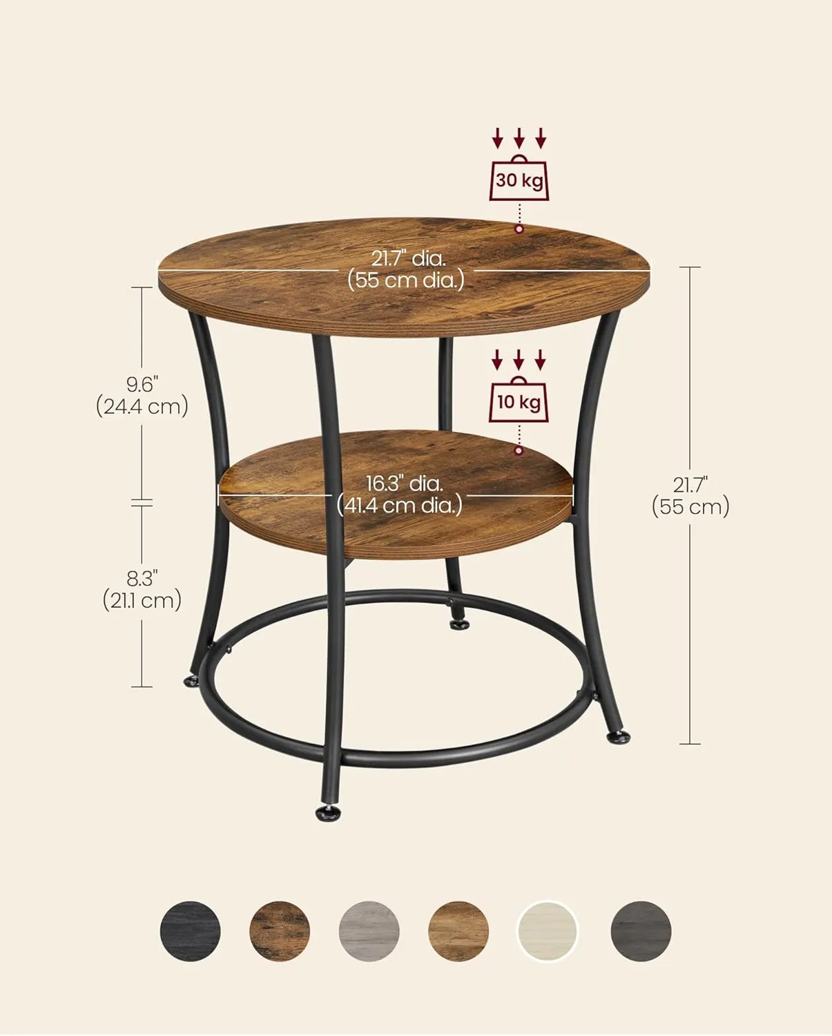 VASAGLE Side Table, Round End Table with 2 Storage Shelves for Living Room, Bedroom, Nightstand with Steel Frame for Small Spaces, Accent Coffee Table, Rustic Brown and Ink Black