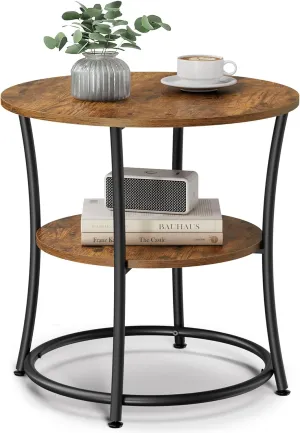 VASAGLE Side Table, Round End Table with 2 Storage Shelves for Living Room, Bedroom, Nightstand with Steel Frame for Small Spaces, Accent Coffee Table, Rustic Brown and Ink Black