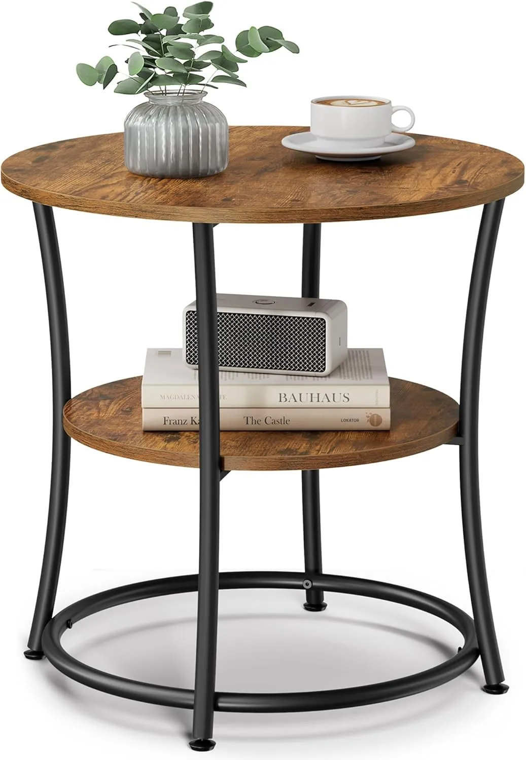 VASAGLE Side Table, Round End Table with 2 Storage Shelves for Living Room, Bedroom, Nightstand with Steel Frame for Small Spaces, Accent Coffee Table, Rustic Brown and Ink Black