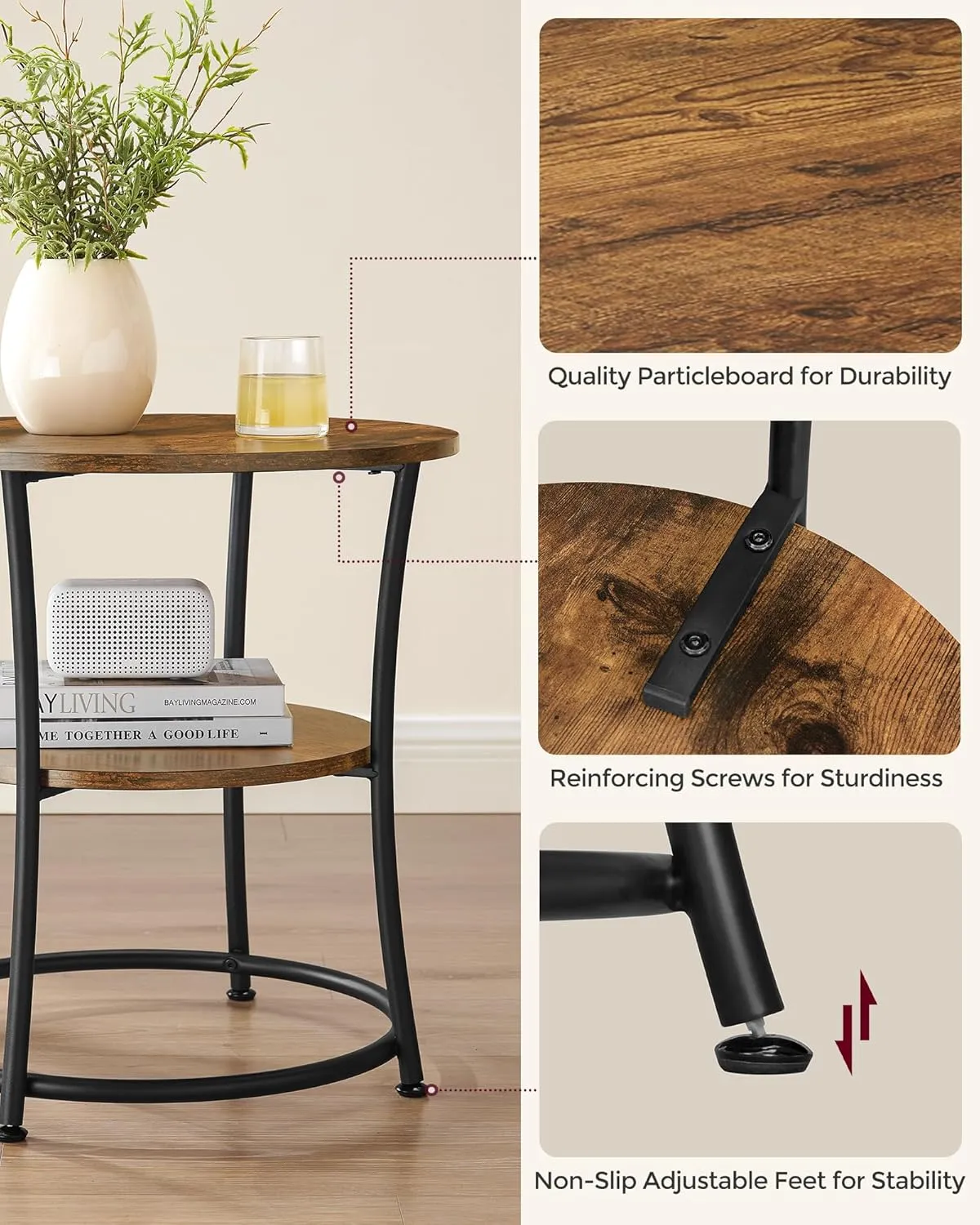 VASAGLE Side Table, Round End Table with 2 Storage Shelves for Living Room, Bedroom, Nightstand with Steel Frame for Small Spaces, Accent Coffee Table, Rustic Brown and Ink Black