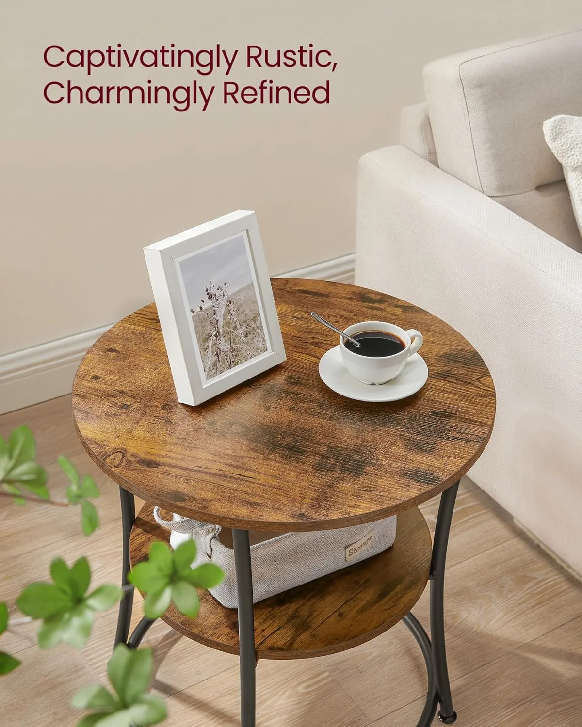 VASAGLE Side Table, Round End Table with 2 Storage Shelves for Living Room, Bedroom, Nightstand with Steel Frame for Small Spaces, Accent Coffee Table, Rustic Brown and Ink Black