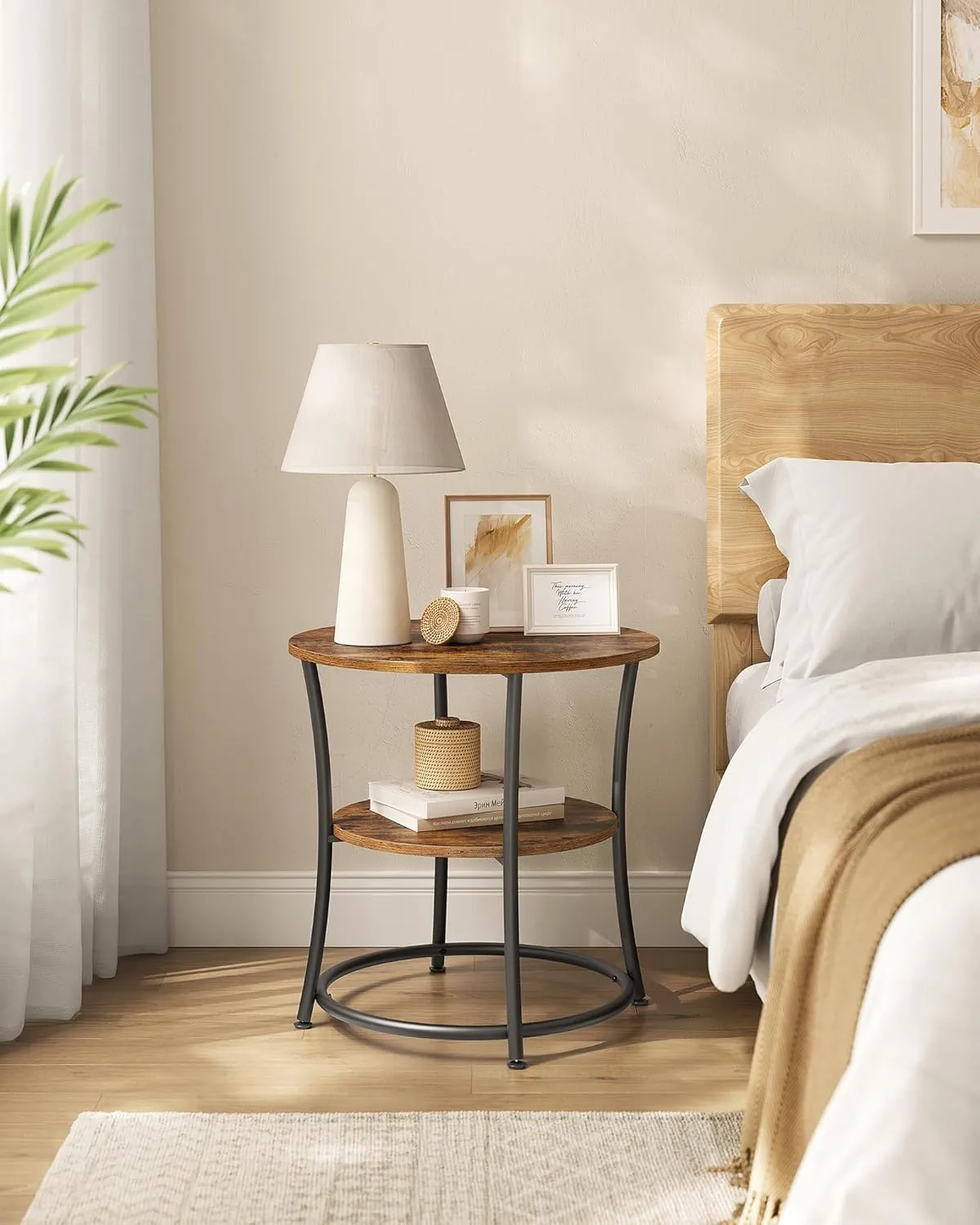 VASAGLE Side Table, Round End Table with 2 Storage Shelves for Living Room, Bedroom, Nightstand with Steel Frame for Small Spaces, Accent Coffee Table, Rustic Brown and Ink Black