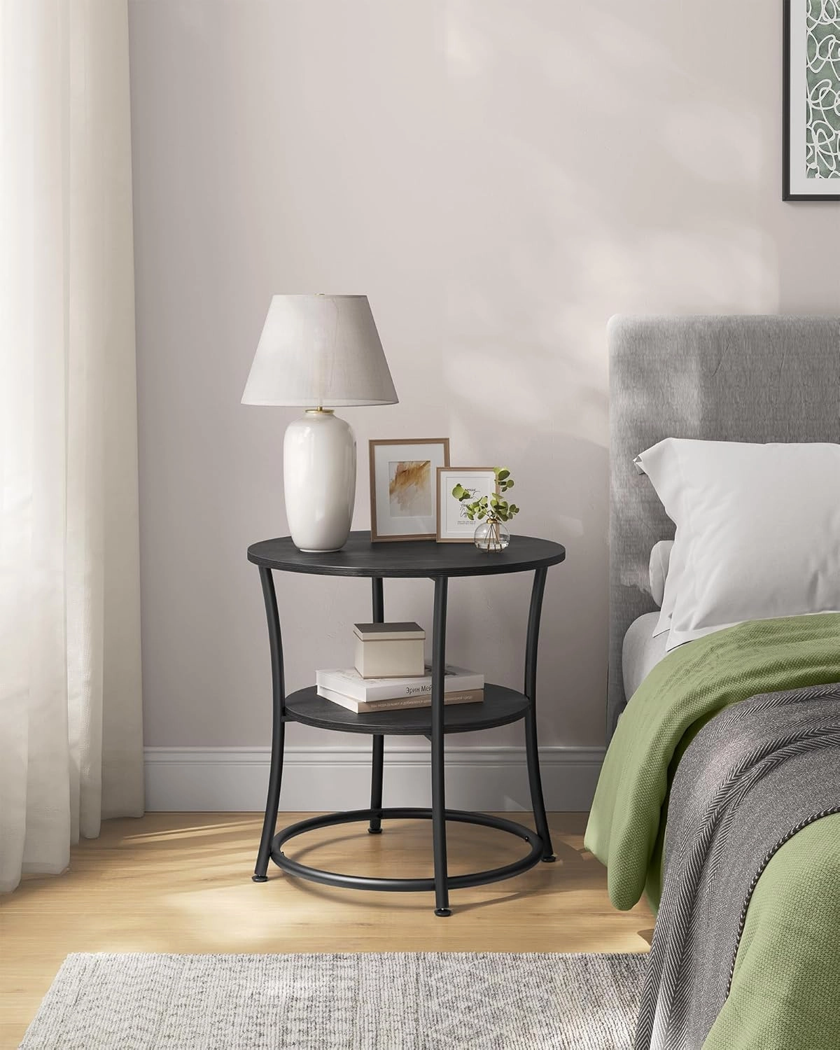 VASAGLE Side Table, Round End Table with 2 Storage Shelves for Living Room, Bedroom, Nightstand with Steel Frame for Small Spaces, Accent Coffee Table, Charcoal Gray and Ink Black