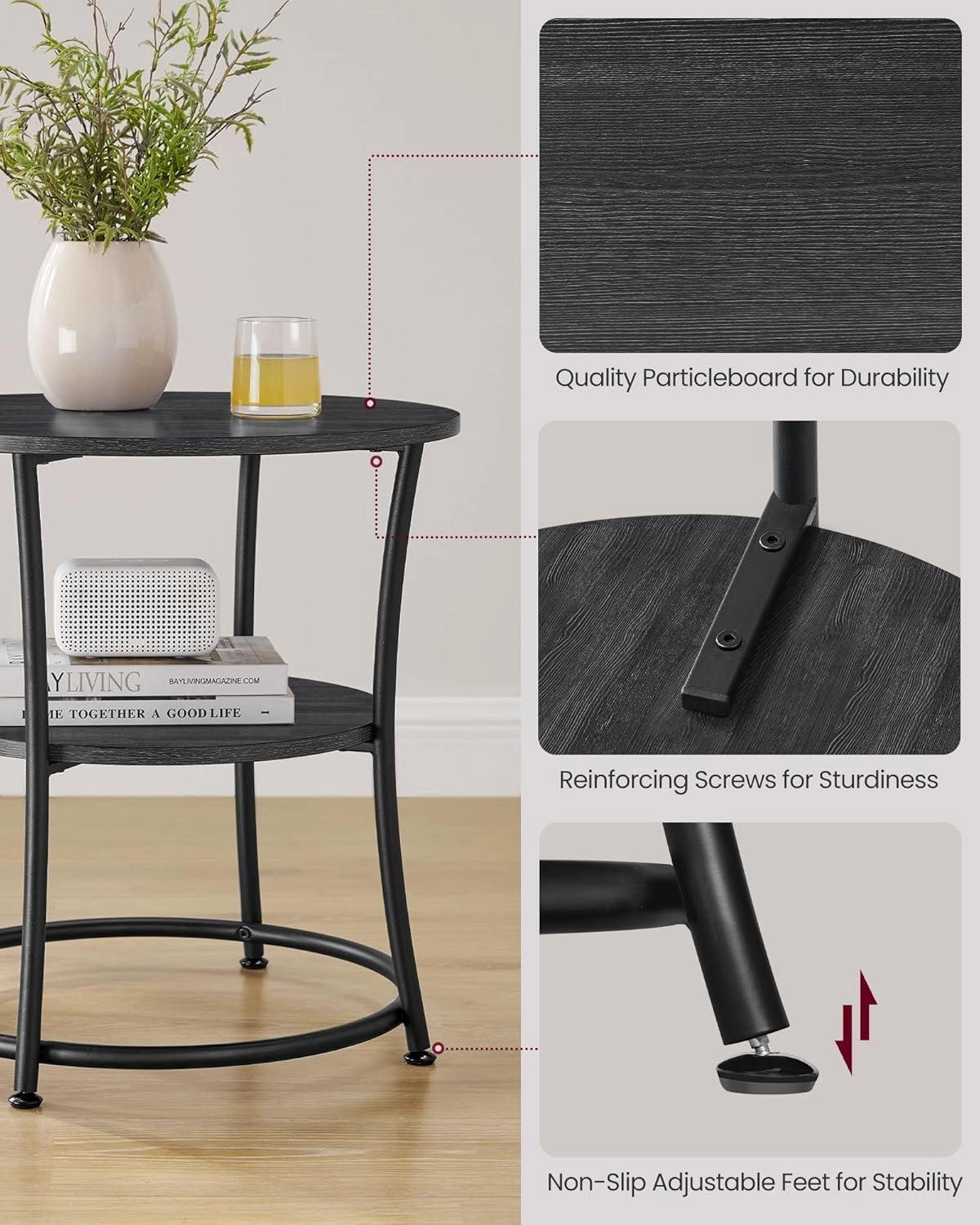 VASAGLE Side Table, Round End Table with 2 Storage Shelves for Living Room, Bedroom, Nightstand with Steel Frame for Small Spaces, Accent Coffee Table, Charcoal Gray and Ink Black