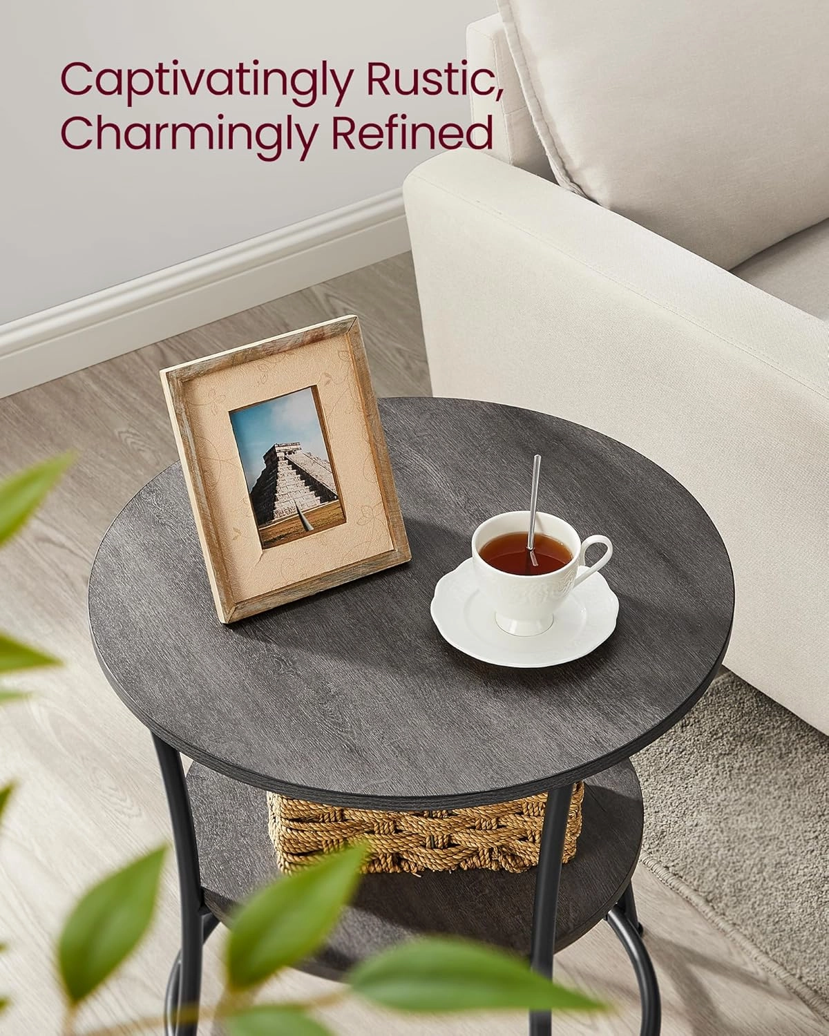VASAGLE Side Table, Round End Table with 2 Storage Shelves for Living Room, Bedroom, Nightstand with Steel Frame for Small Spaces, Accent Coffee Table, Misty Gray and Ink Black