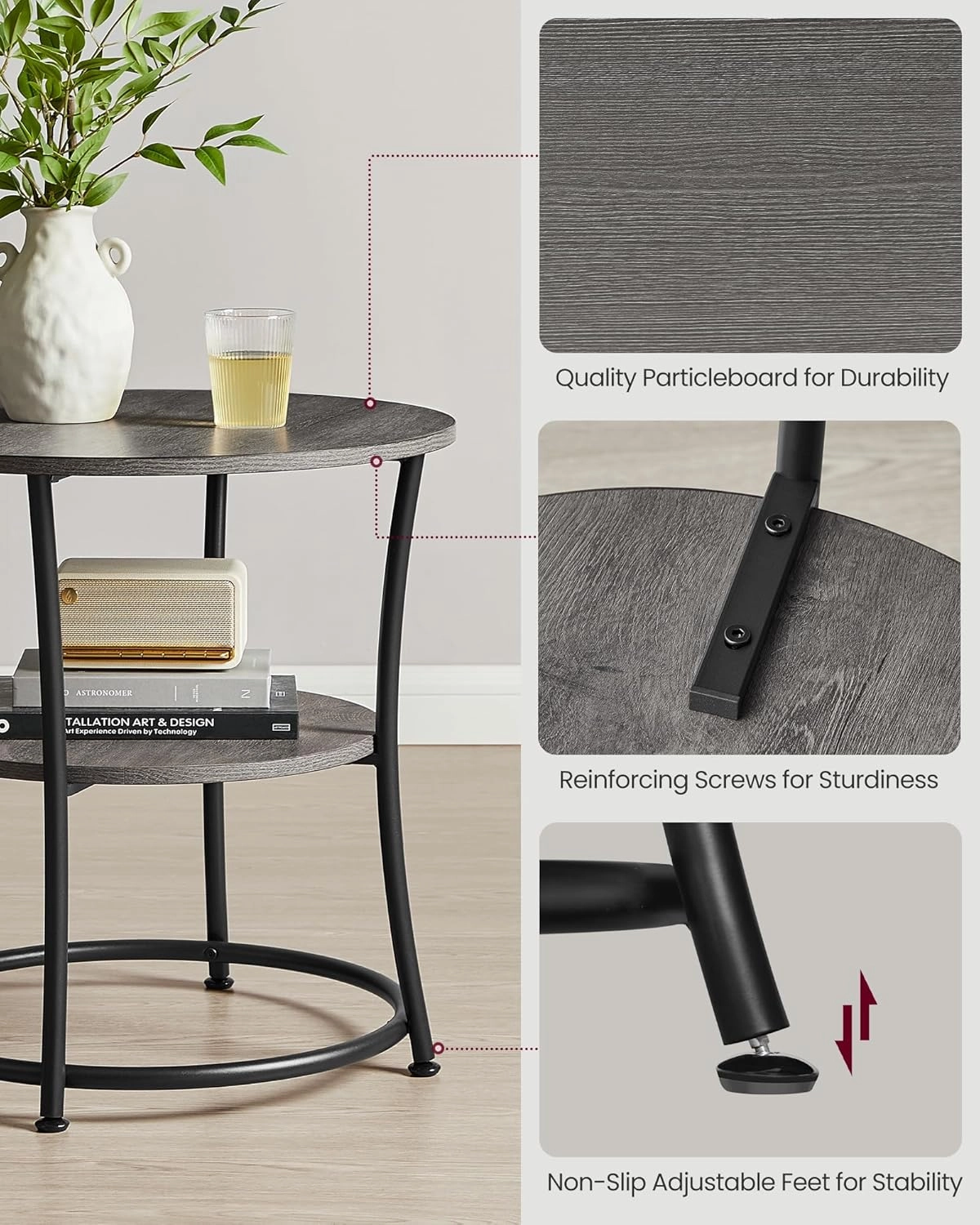 VASAGLE Side Table, Round End Table with 2 Storage Shelves for Living Room, Bedroom, Nightstand with Steel Frame for Small Spaces, Accent Coffee Table, Misty Gray and Ink Black