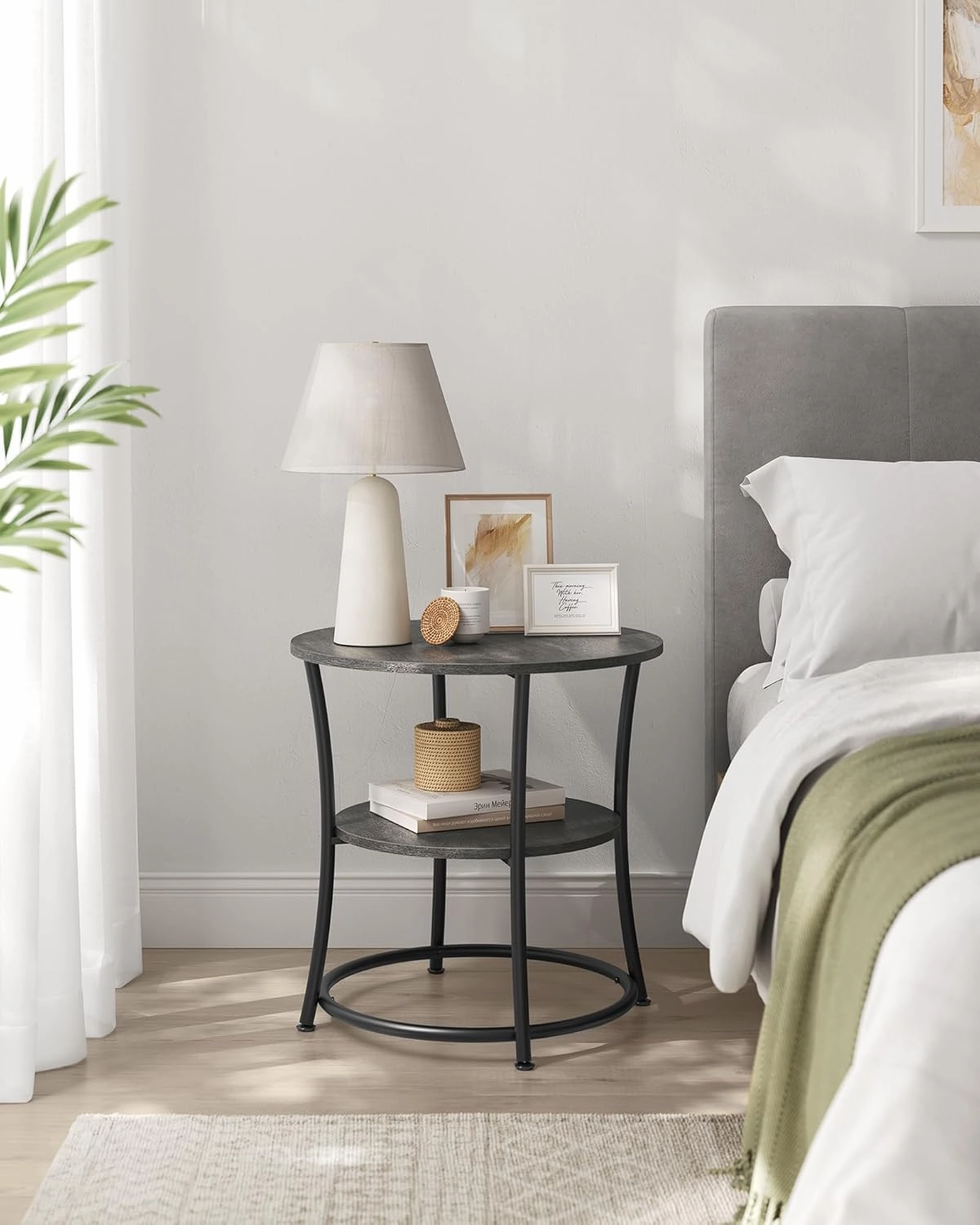 VASAGLE Side Table, Round End Table with 2 Storage Shelves for Living Room, Bedroom, Nightstand with Steel Frame for Small Spaces, Accent Coffee Table, Misty Gray and Ink Black