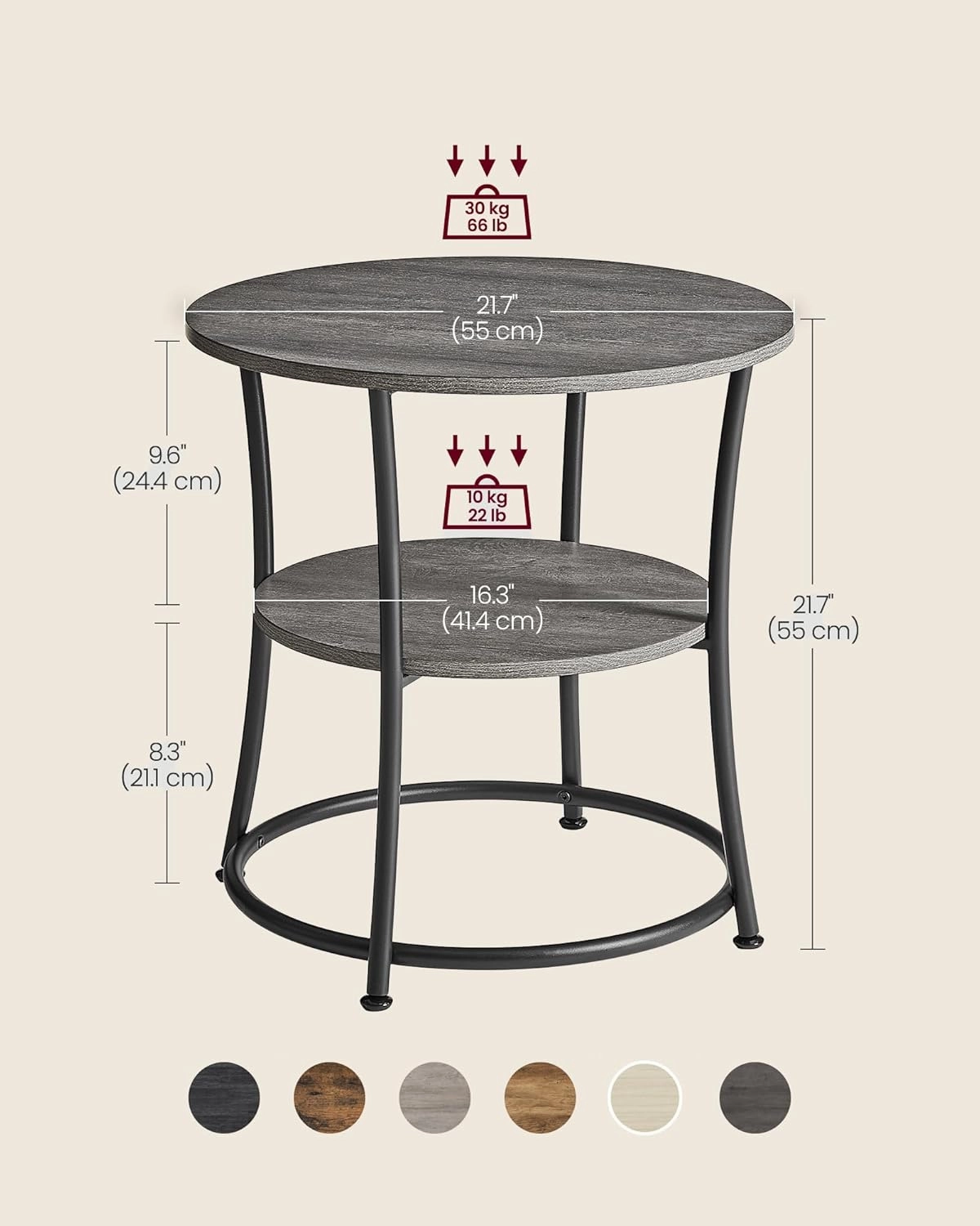 VASAGLE Side Table, Round End Table with 2 Storage Shelves for Living Room, Bedroom, Nightstand with Steel Frame for Small Spaces, Accent Coffee Table, Misty Gray and Ink Black