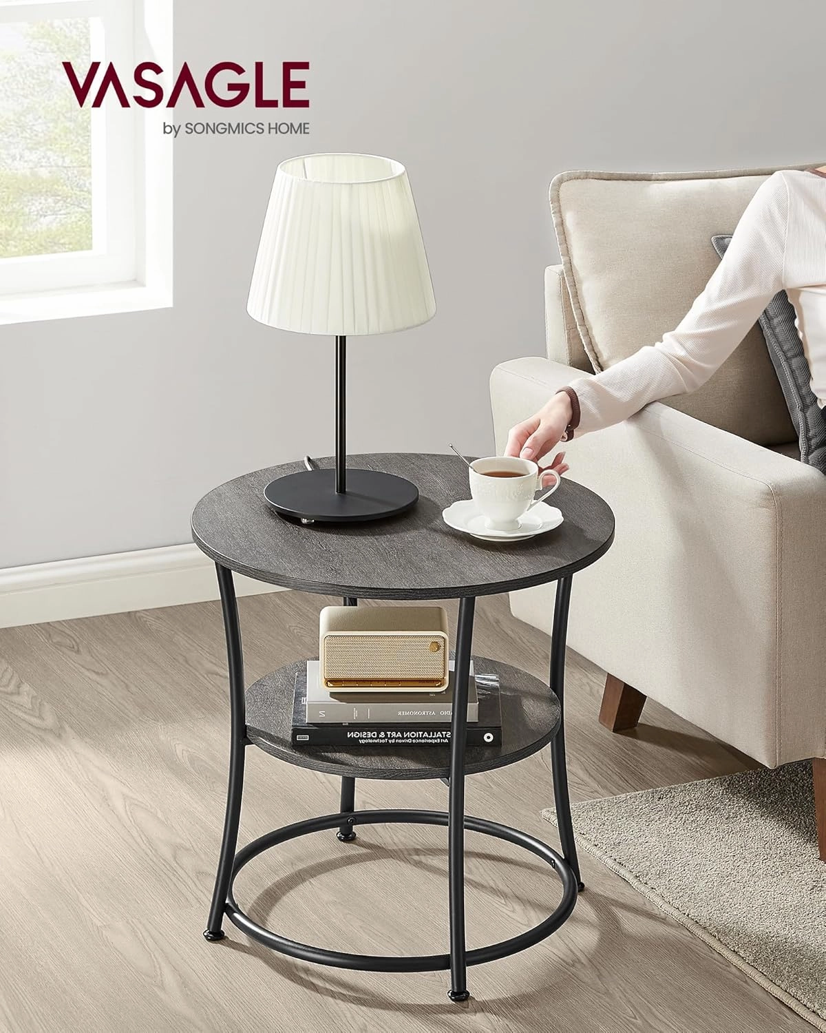 VASAGLE Side Table, Round End Table with 2 Storage Shelves for Living Room, Bedroom, Nightstand with Steel Frame for Small Spaces, Accent Coffee Table, Misty Gray and Ink Black