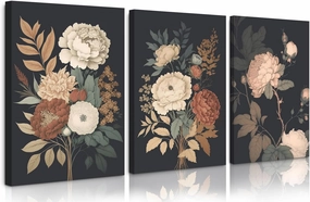 Vintage Flower Wall Art Dark Floral Canvas Wall Art Botanical Farmhouse Prints Black Flower Pictures Wall Decor Moody Floral Artwork Painting for Living Room Bedroom 24x36x3 Inch Framed