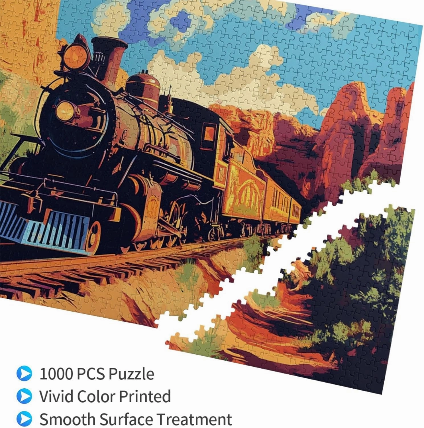 Vintage Steam Train Crossing Vast Desert 1000 Piece Adult Wooden Jigsaw Puzzle - Epic Landscape Challenge,Exercising Brain Power and Hands-on Skills,Gifts for Family and Friends