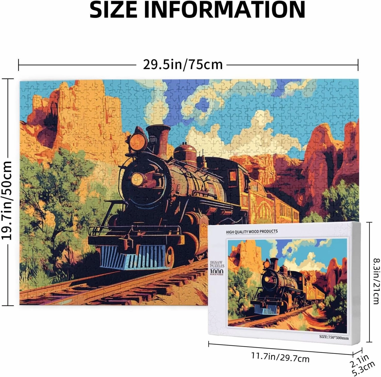 Vintage Steam Train Crossing Vast Desert 1000 Piece Adult Wooden Jigsaw Puzzle - Epic Landscape Challenge,Exercising Brain Power and Hands-on Skills,Gifts for Family and Friends