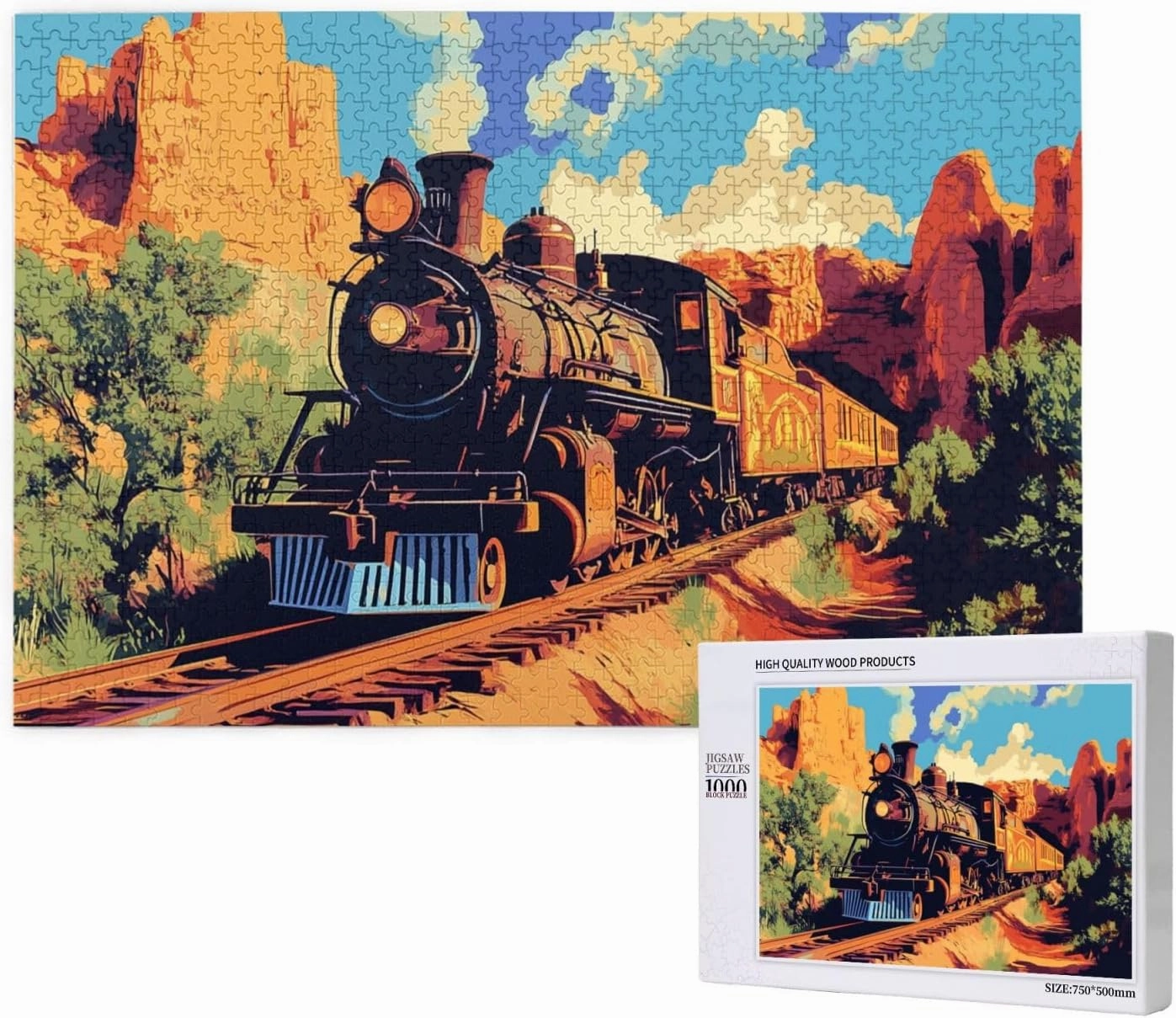 Vintage Steam Train Crossing Vast Desert 1000 Piece Adult Wooden Jigsaw Puzzle - Epic Landscape Challenge,Exercising Brain Power and Hands-on Skills,Gifts for Family and Friends