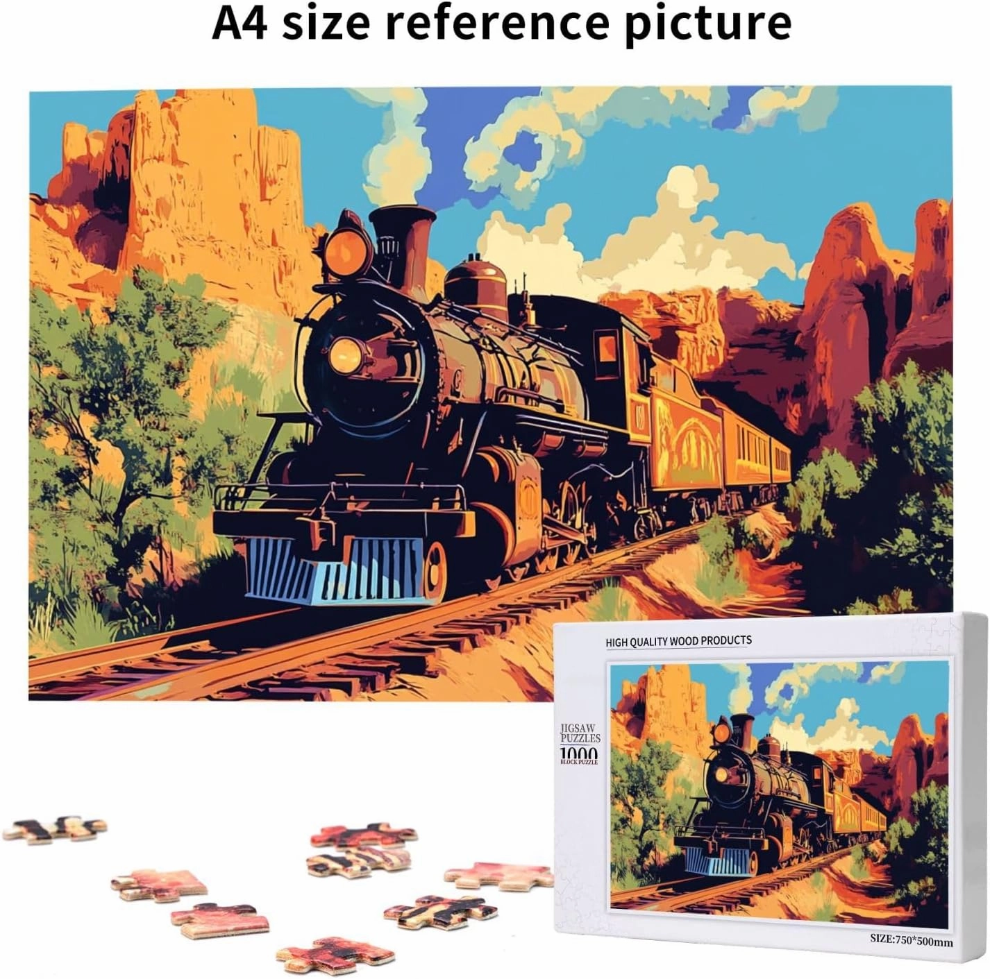 Vintage Steam Train Crossing Vast Desert 1000 Piece Adult Wooden Jigsaw Puzzle - Epic Landscape Challenge,Exercising Brain Power and Hands-on Skills,Gifts for Family and Friends