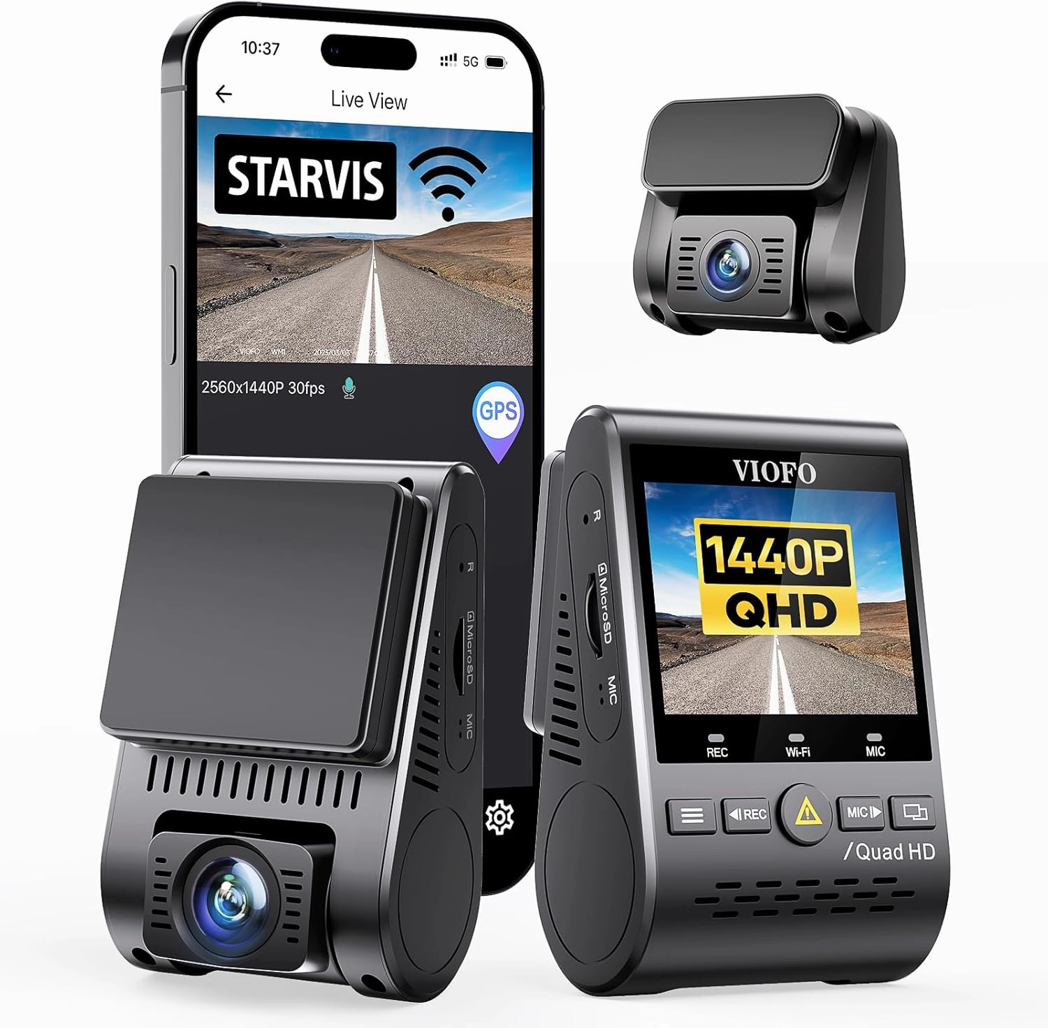 VIOFO Dual Dash Cam, 2K 1440P 60fps 1080P 30fps Front and Rear Dash Camera with Wi-Fi GPS, Parking Mode, Emergency Recording, Super Capacitor, Motion Detection (A129 Plus Duo)