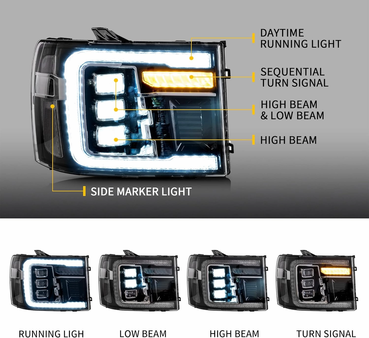 VLAND LED Projector Headlights For [ 2007-2013 GMC Sierra 1500 2500HD 3500HD ] W/Dynamic DRL, Sequential Turn Signal, Clear Reflector, Not For Classic Models