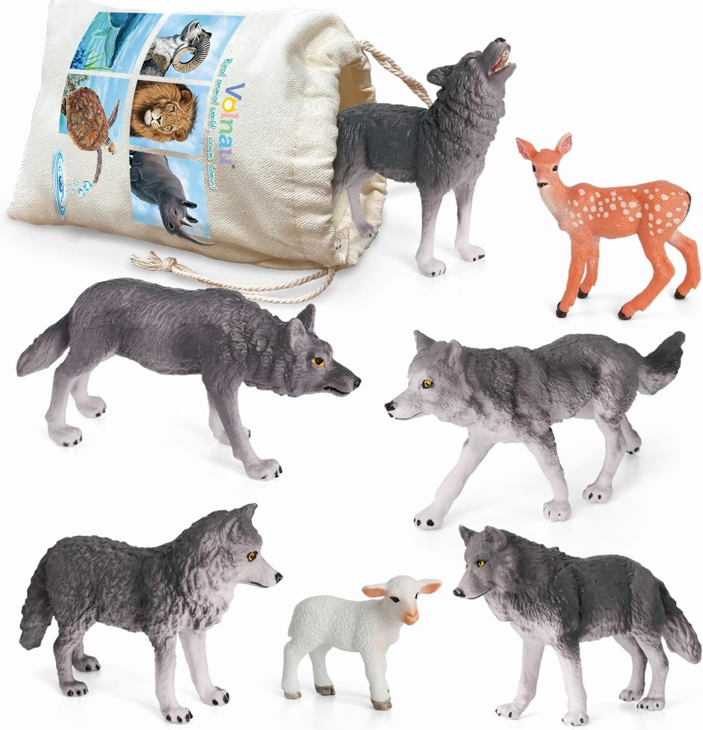 Volnau Wolf Toys Animal Figures 7PCS Figurines Zoo Pack for Toddlers Kids Christmas Decoration Gift Preschool Educational Sheep Jungle Forest Safari Set