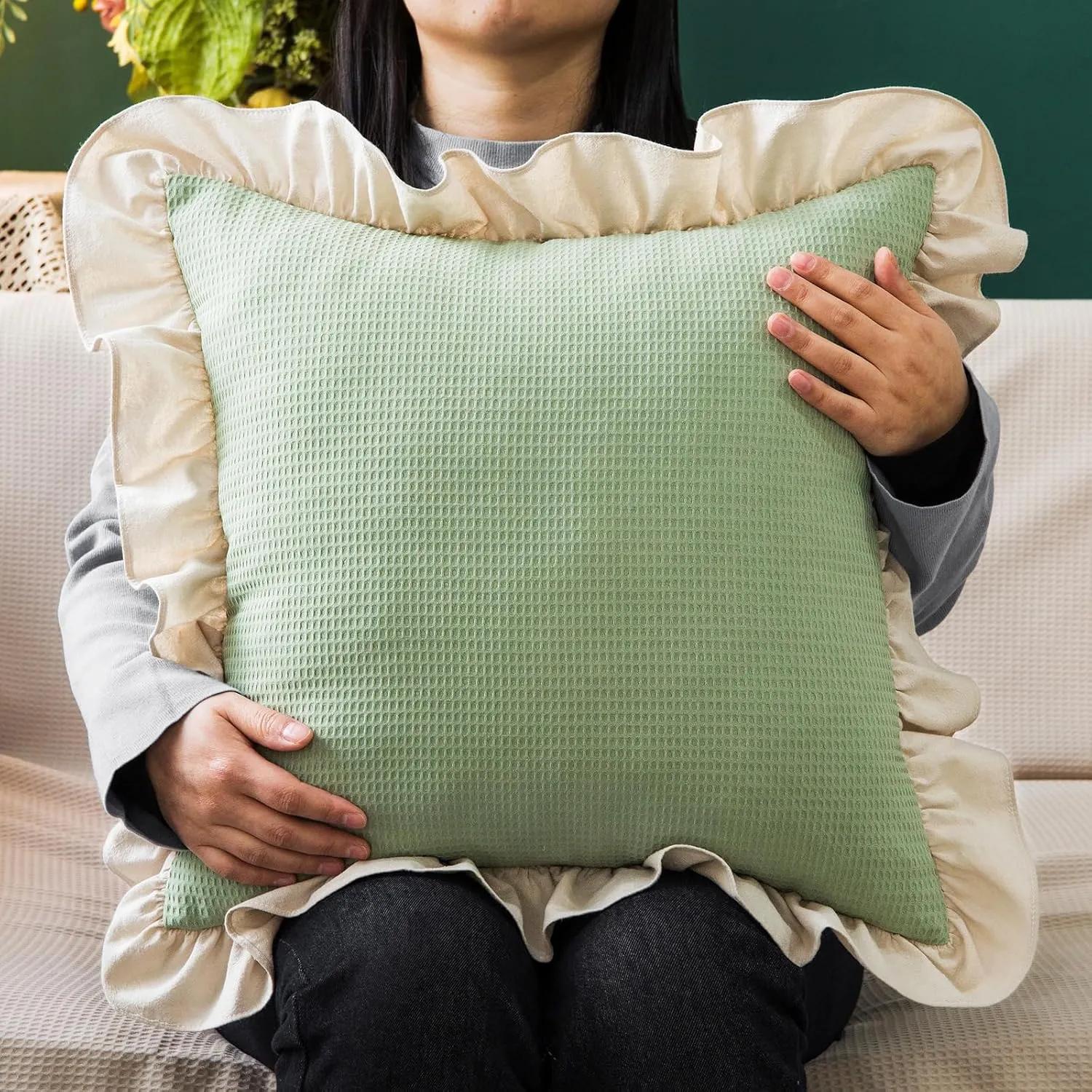 Waffle Weave Textured Throw Pillow Covers Set of 2 with Washed Cotton Retro Ruffle Flounces Trim Solid Decorative Pillow Cases for Home Livingroom and Bedroom Decor 18x18 Inch Pea Green