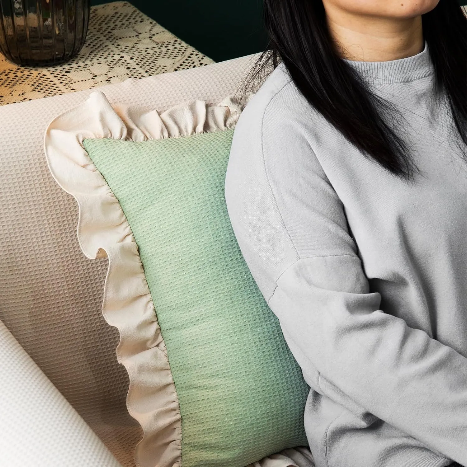Waffle Weave Textured Throw Pillow Covers Set of 2 with Washed Cotton Retro Ruffle Flounces Trim Solid Decorative Pillow Cases for Home Livingroom and Bedroom Decor 18x18 Inch Pea Green