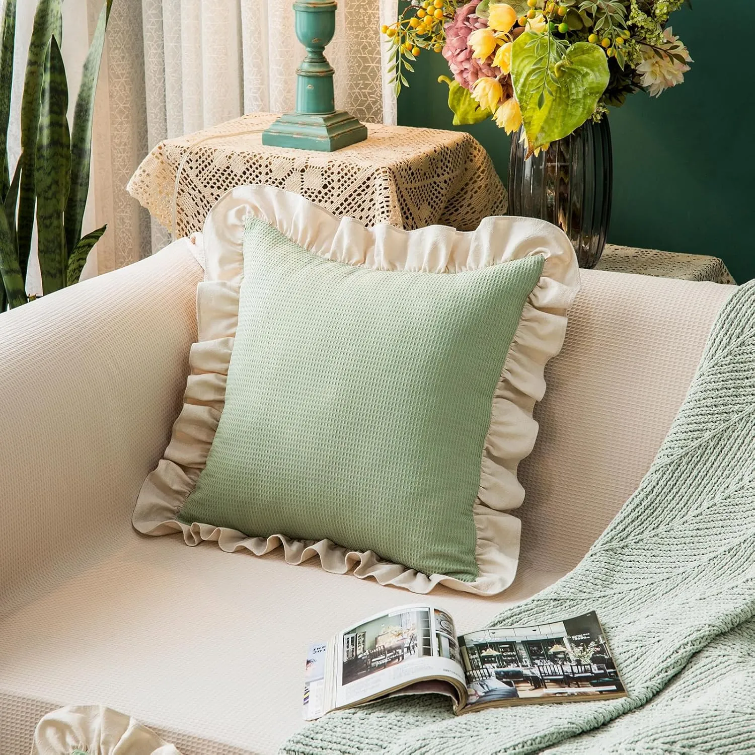Waffle Weave Textured Throw Pillow Covers Set of 2 with Washed Cotton Retro Ruffle Flounces Trim Solid Decorative Pillow Cases for Home Livingroom and Bedroom Decor 18x18 Inch Pea Green