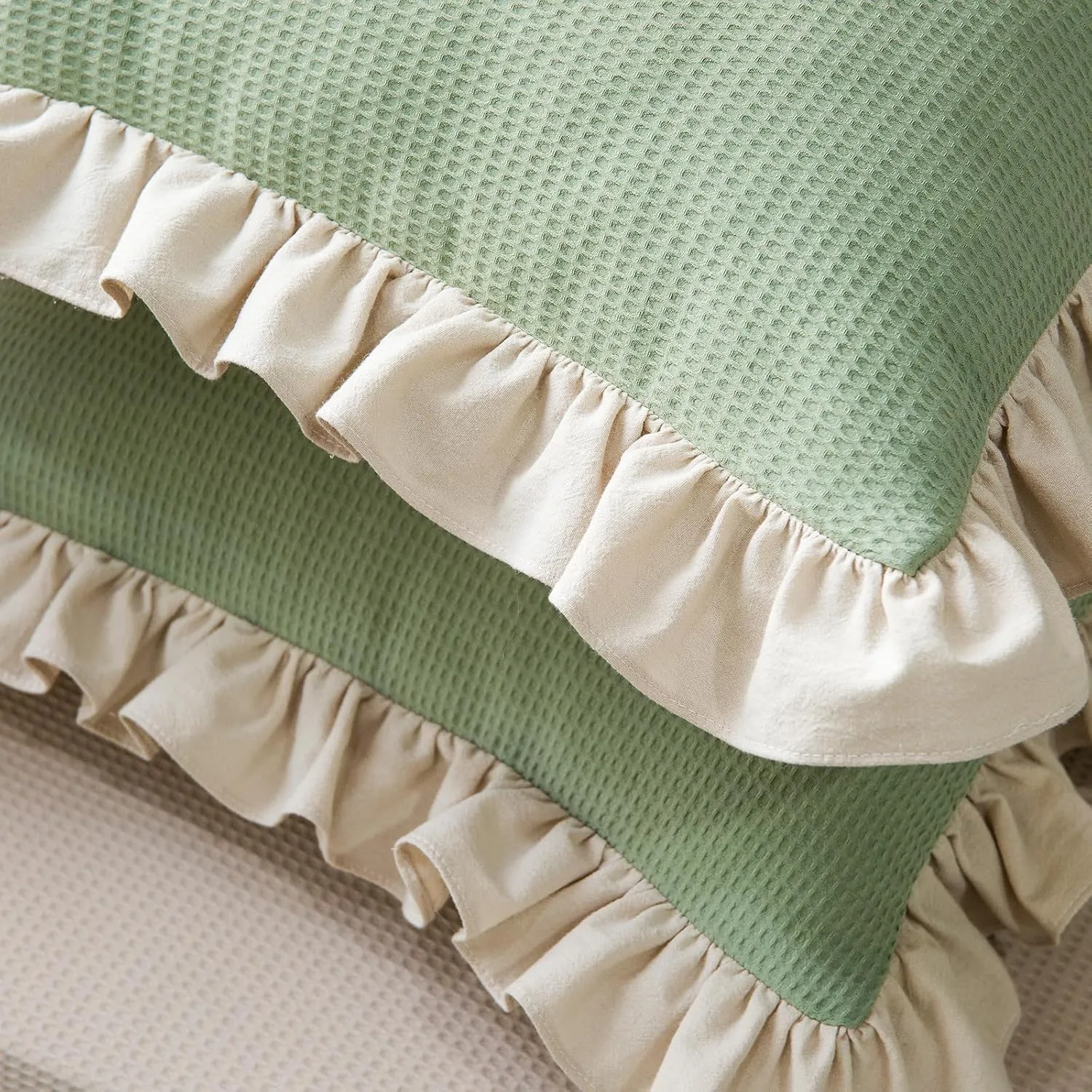Waffle Weave Textured Throw Pillow Covers Set of 2 with Washed Cotton Retro Ruffle Flounces Trim Solid Decorative Pillow Cases for Home Livingroom and Bedroom Decor 18x18 Inch Pea Green